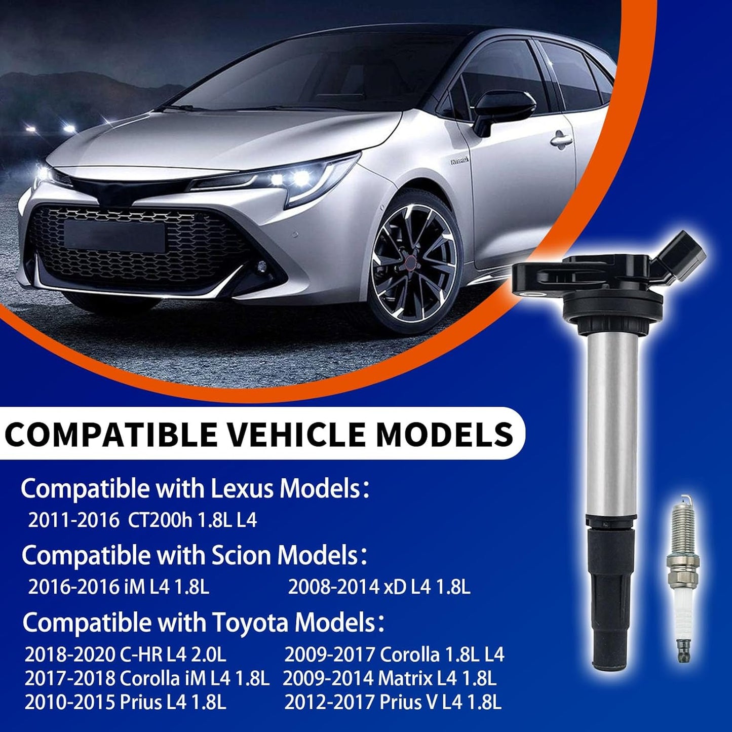 Set of 4 Ignition Coil Pack & Double Iridium Spark Plugs for Toyota Corolla 2009-2017/Lexus CT200h 1.8L, Replaces UF596 & 90919-02258, Fix Misfire & Check Engine Light