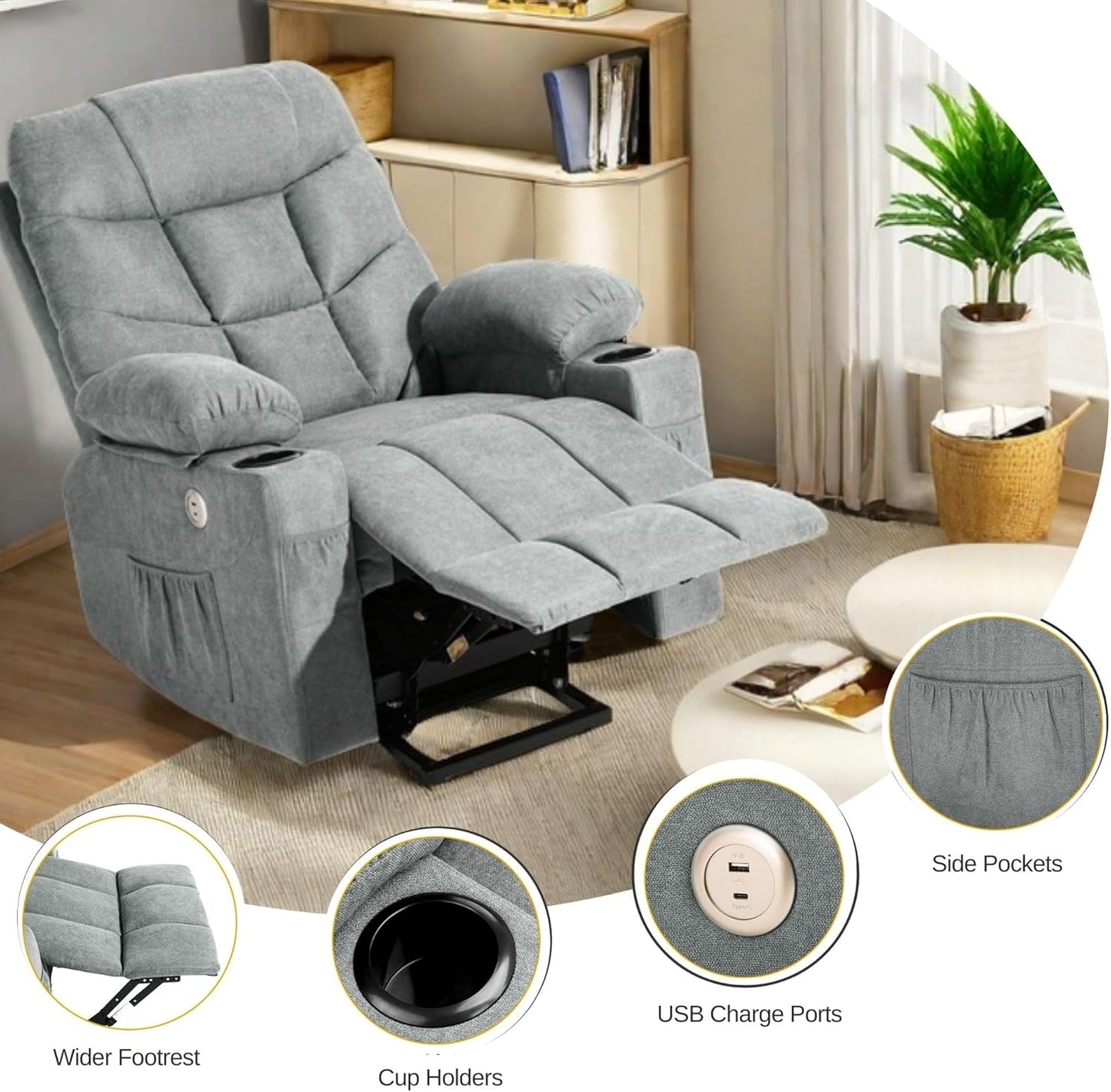 YITAHOME Power Lift Recliner with Massage and Heat, Fabric Recliner Chair with USB Ports and Side Pockets, Remote Control and Two Cup Holders, Suitable for Living Room, Grey3