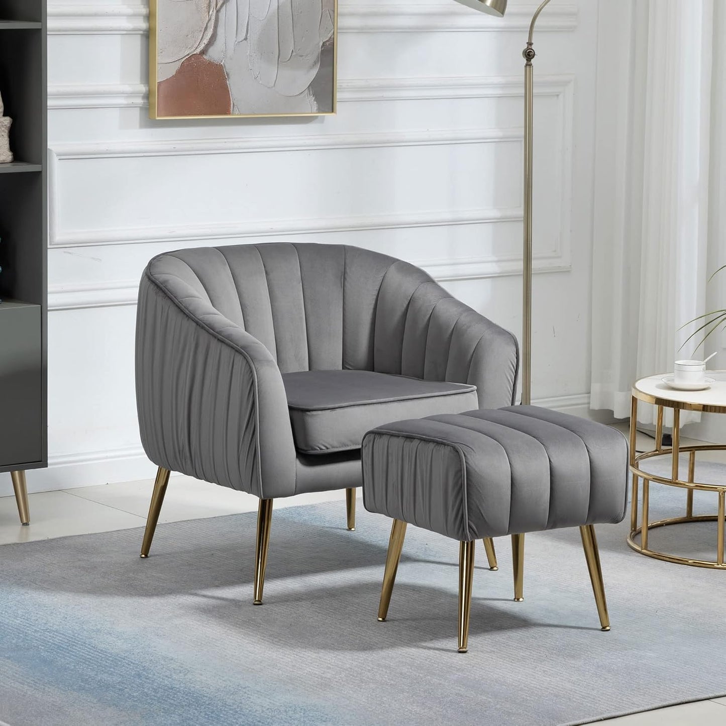 Velvet Accent Sofa Chair with Ottoman, Comfy Living Room Chairs with Adjustable Legs, Modern Upholstered Tufted Lounge Barrel Chair Ottoman Set for Bedroom, Home, Office (Pink)
