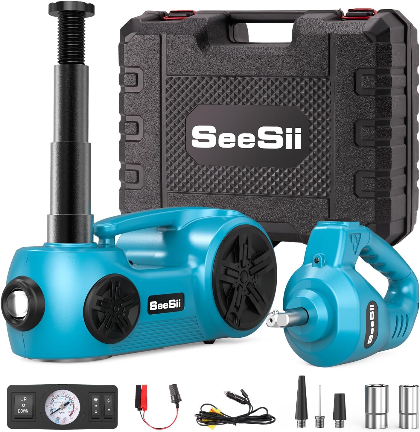 SEESII Electric Car Jack Kit 5 Ton 17.7 Inch Lift Range 3in1 car jack Hydraulic with Impact Wrench and Tire Inflator Floor Jack for SUV/Pickup/Truck/Sedan Roadside Emergency Tire Change Spare Tool Set