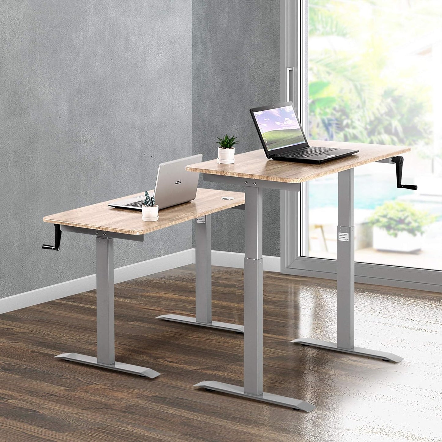 UNICOO - Crank Adjustable Height Standing Desk, Adjustable Sit to Stand up Desk,Home Office Table, Computer Table (Antique Oak Top/Grey Frame - NTCSET-01-AOG)