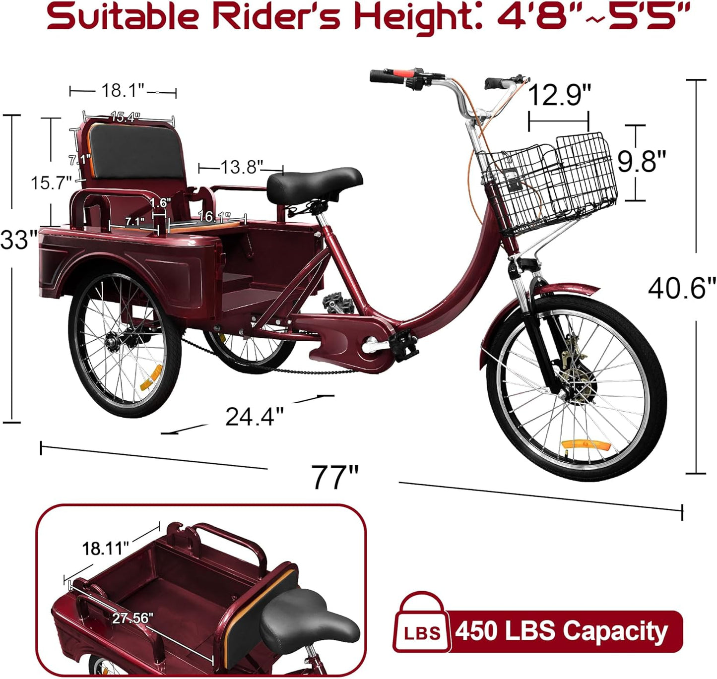 Adult Tricycle, 20 Inch 3-Wheel Bikes Carrying Passengers and Cargo, Trike for Adults with Front Baskets for Women, Seniors, Men, Low Step-Through Cruiser Bike for Cycling, Outing, Picnic