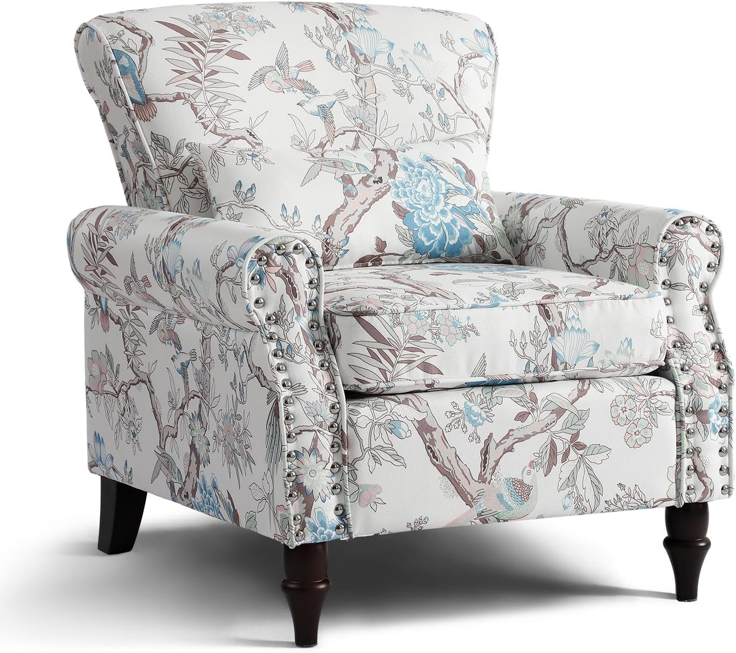 Wingback Accent Chair with Removable Pillow, High Back Floral Armchair with Solid Wood Legs & Nailhead Trim, Comfy Upholstered Reading Single Sofa Chair for Bedroom (2, Blue Floral Pattern)