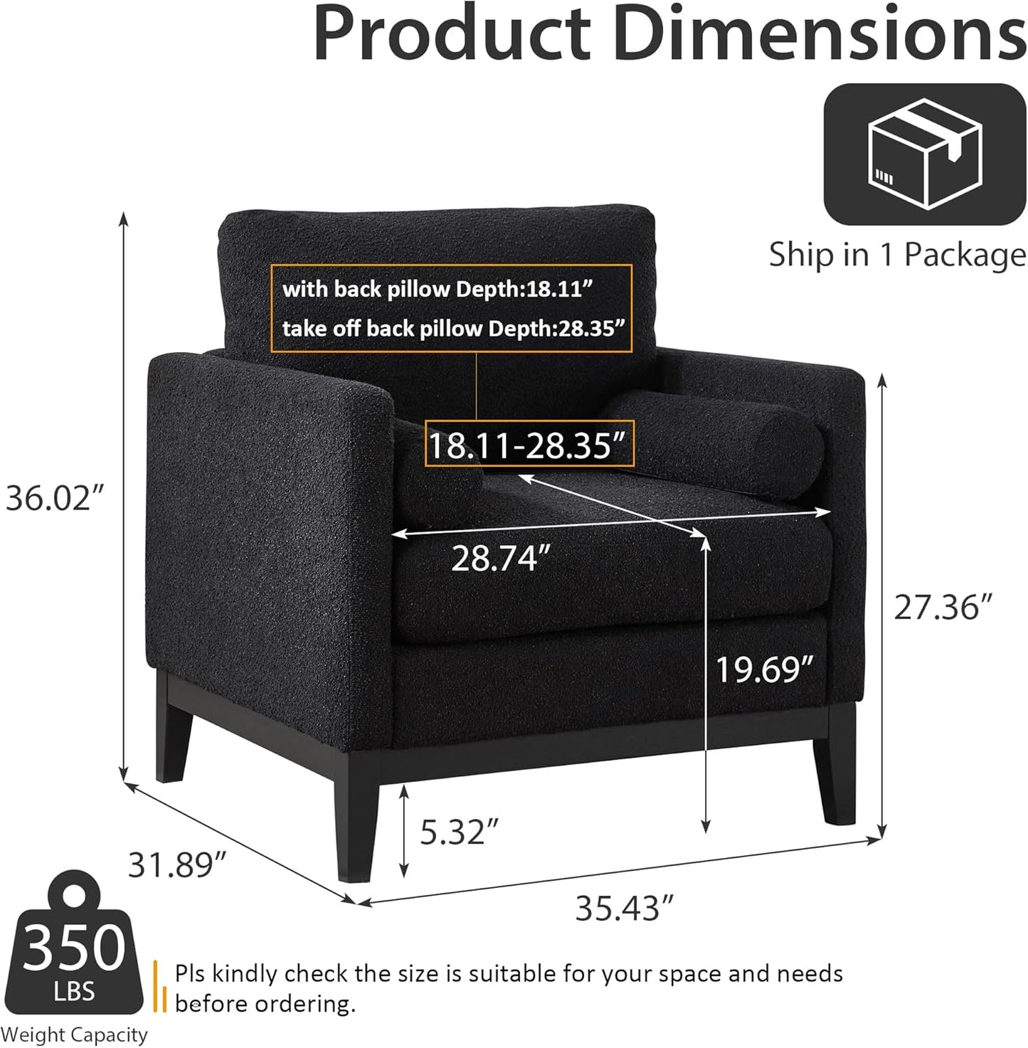 Yowan&Sillan 35.4" Wide Large Armchair Oversized Accent Chair,Modern Boucle Comfy Living Room Bedroom Reading Chairs Single Sofa,Black Wood Leg,Chairs for Lounge,Study,Office,Reception,Black