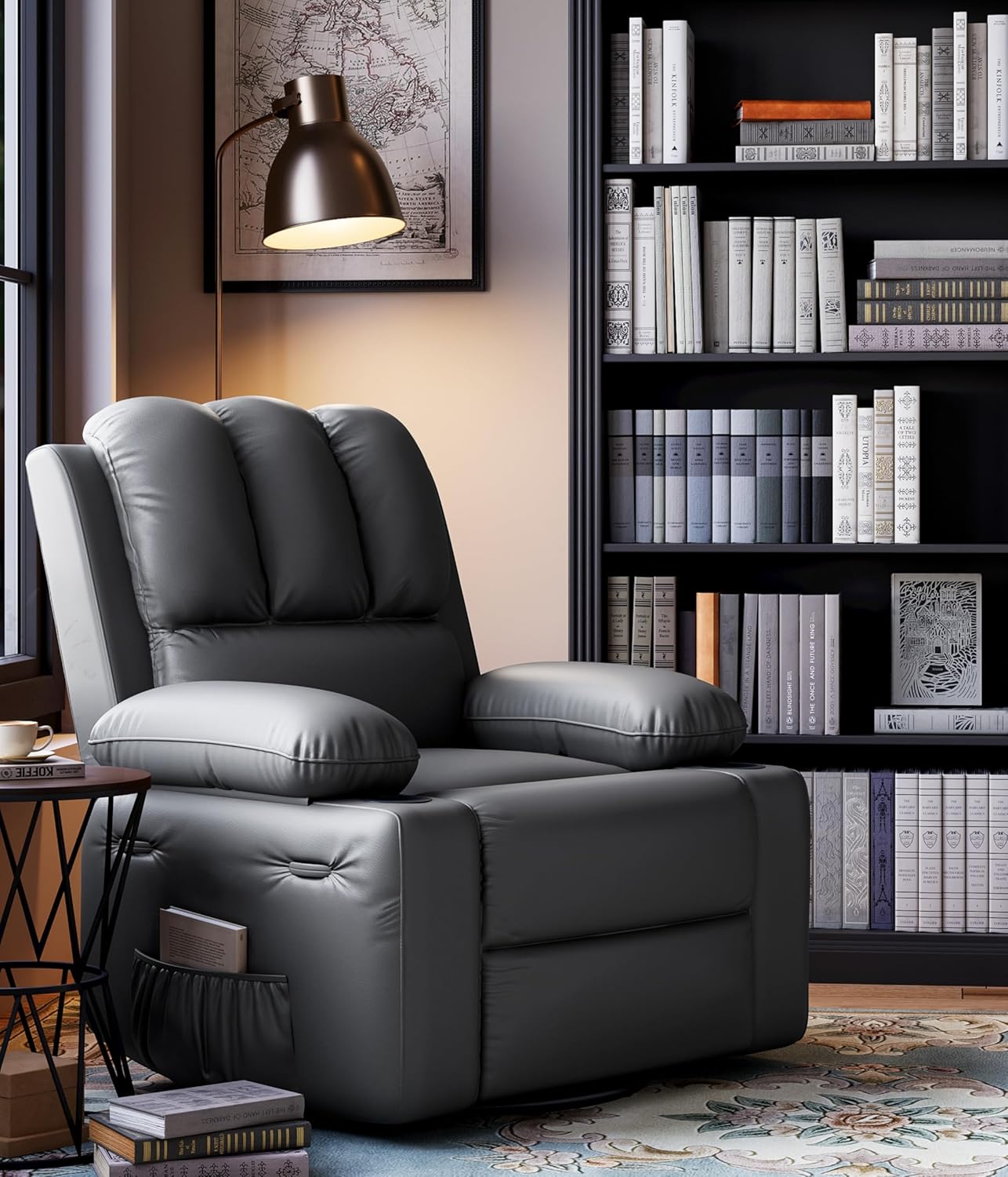 22'' Manual Recliner Chair for Adults, PU Leather Recliner with Cup Holders and Side Pockets, Ergonomic Design for Nursery, Living Room, Bedroom, and Home Theater, Grey