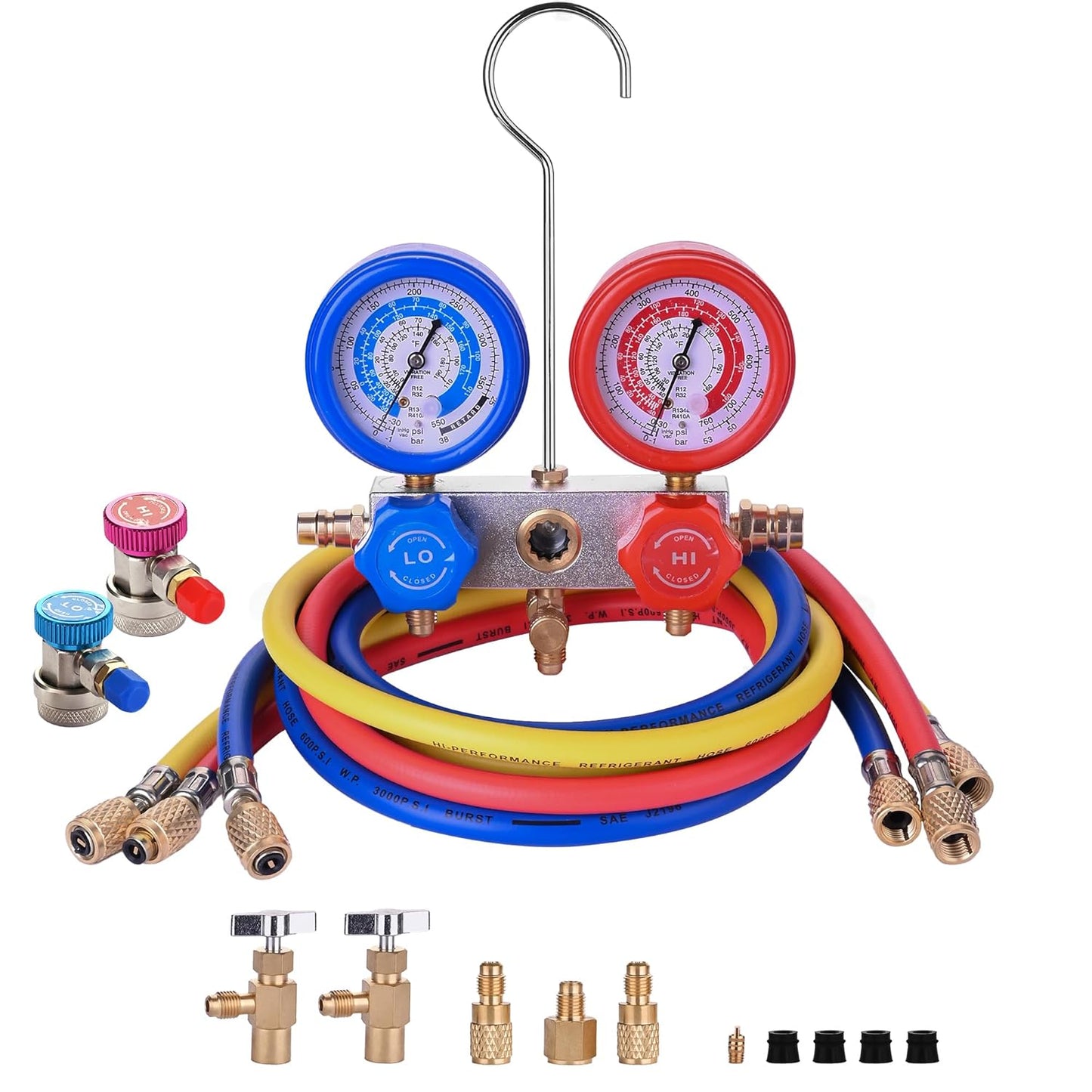BACOENG AC R1234YF Gauge Set, Automotive 4 Way R1234yf Refrigerant Recharge Kit, R134A AC Manifold Gauge Set with 5FT Hoses for Car Charging and Evacuation