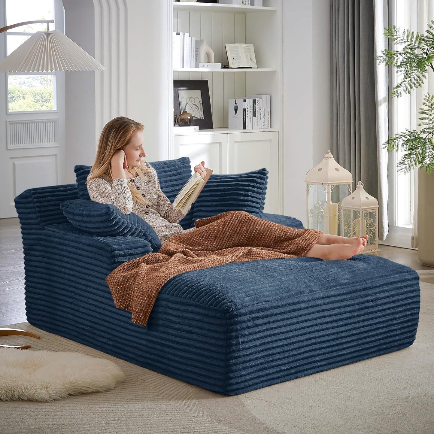 50" W Oversized Boneless Chaise Lounge Sofa Chair Indoor, Corduroy Plush Reading Cloud Couch, No Assembly Single Floor Sleeper Chair Bed for Living Room Apartment Office Small Spaces