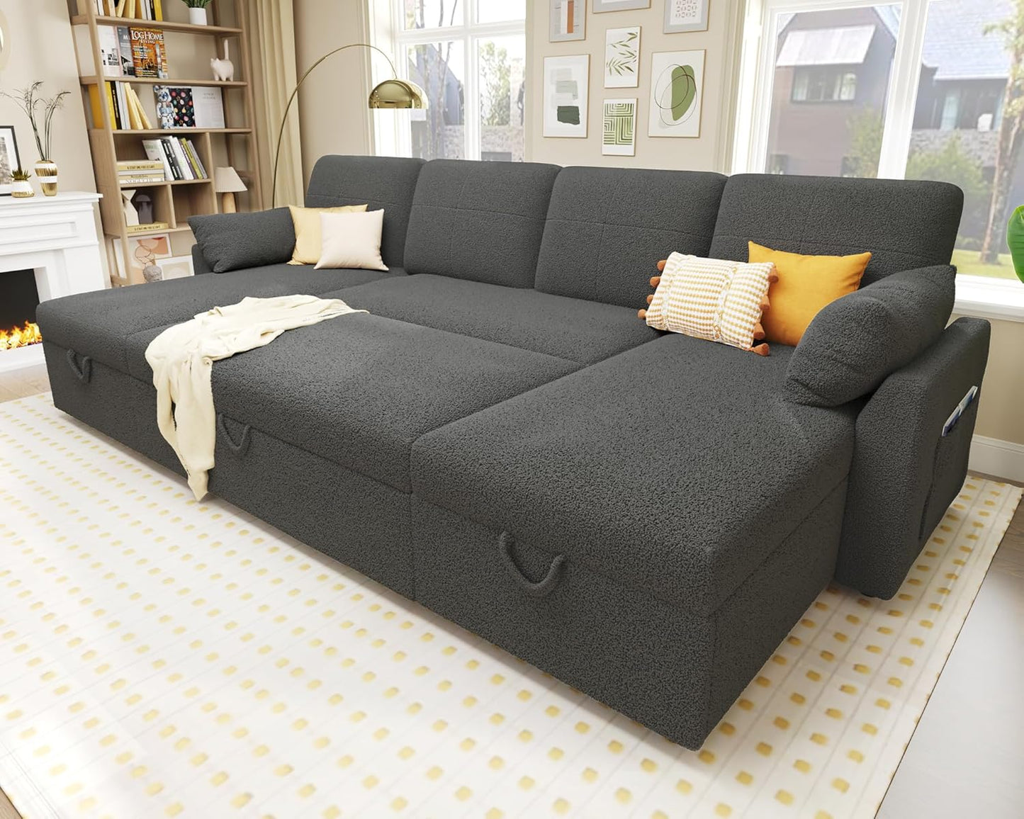 VanAcc Sofa Bed, Sleeper Sofa- 2 in 1 Pull Out Couch Bed with Storage Chaise for Living Room, White Sherpa 84in x 59in x 39in