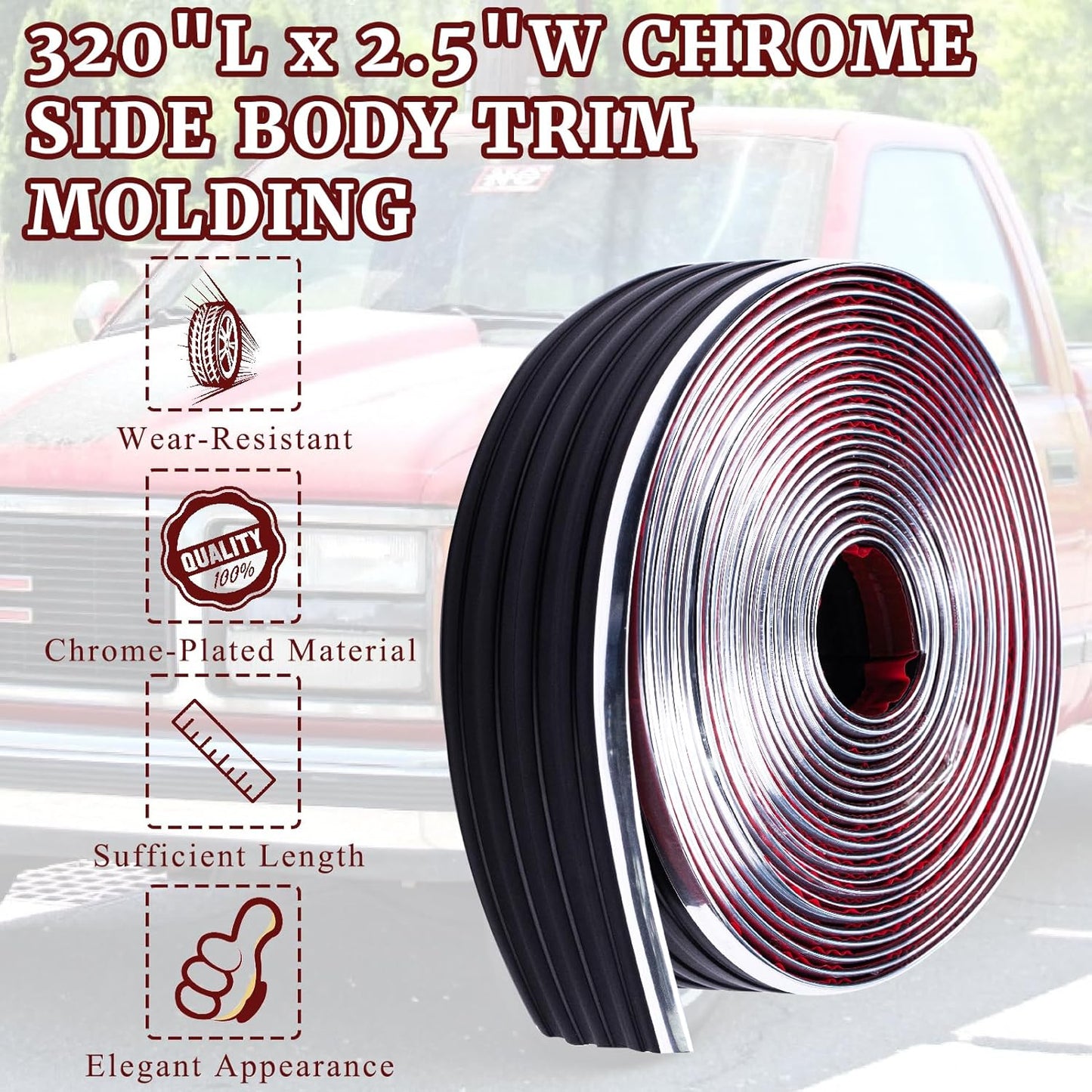 Chrome Side Body Trim Molding Replacement Compatible with 1988-1998 Chevy GMC Pickup C1500 C2500 C3500 K1500 K2500 K3500 Suburbans Tahoes Silverado Blazers Service Body Truck Accessories 320"L 2.5"W