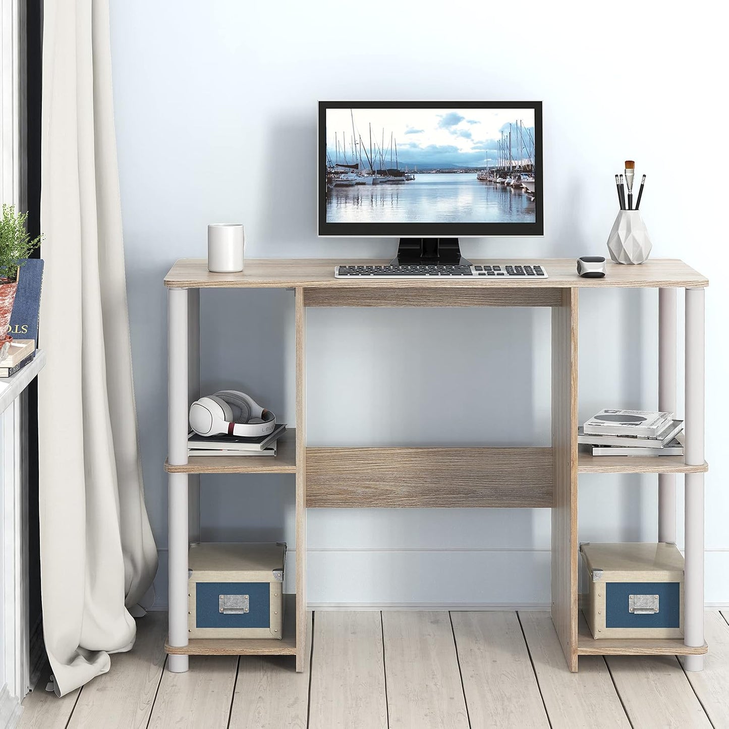 SHW 38-Inch Home Office Wood Desk with Double Sided Shelves, Oak