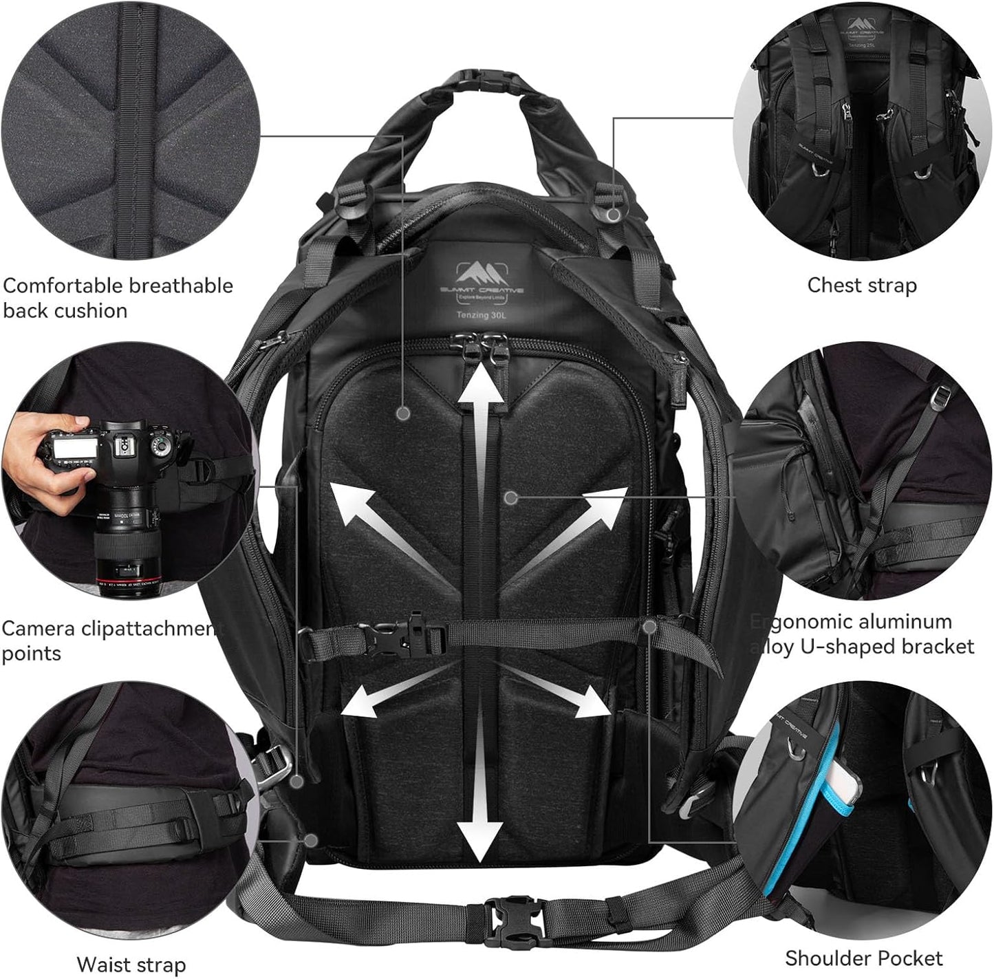 Tenzing 40 liter Water Resistant Camera Backpack 16 inch Laptop Compartment with Rain Cover Fits DSLR, SLR, Drone, Mirrorless Cameras, Batteries, Lenses,Tripod Black