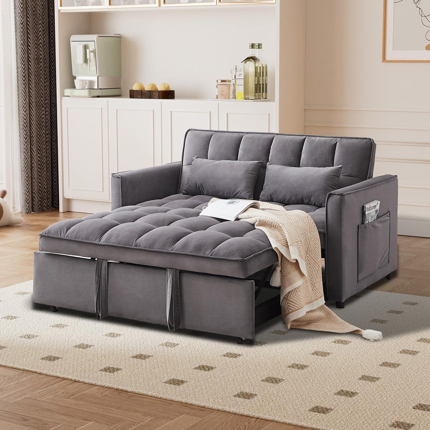 3 in 1 Sleeper Sofa Chair Bed,Velvet Convertible Sleeper Chair,Pull Out Bed Chair with USB Port & Ashtray and Swivel Phone Stand & Storage Pockets,Modern Chair for Living Room
