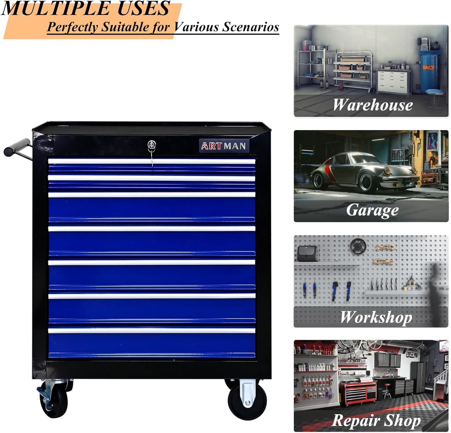 7-Drawer Metal Rolling Tool Chest with Wheels,Tool Storage Cabinet with Locking System,Multifunctional Tool Cart with Wheels for Garage, Warehouse, Workshop, Repair Shop (Black+Blue)