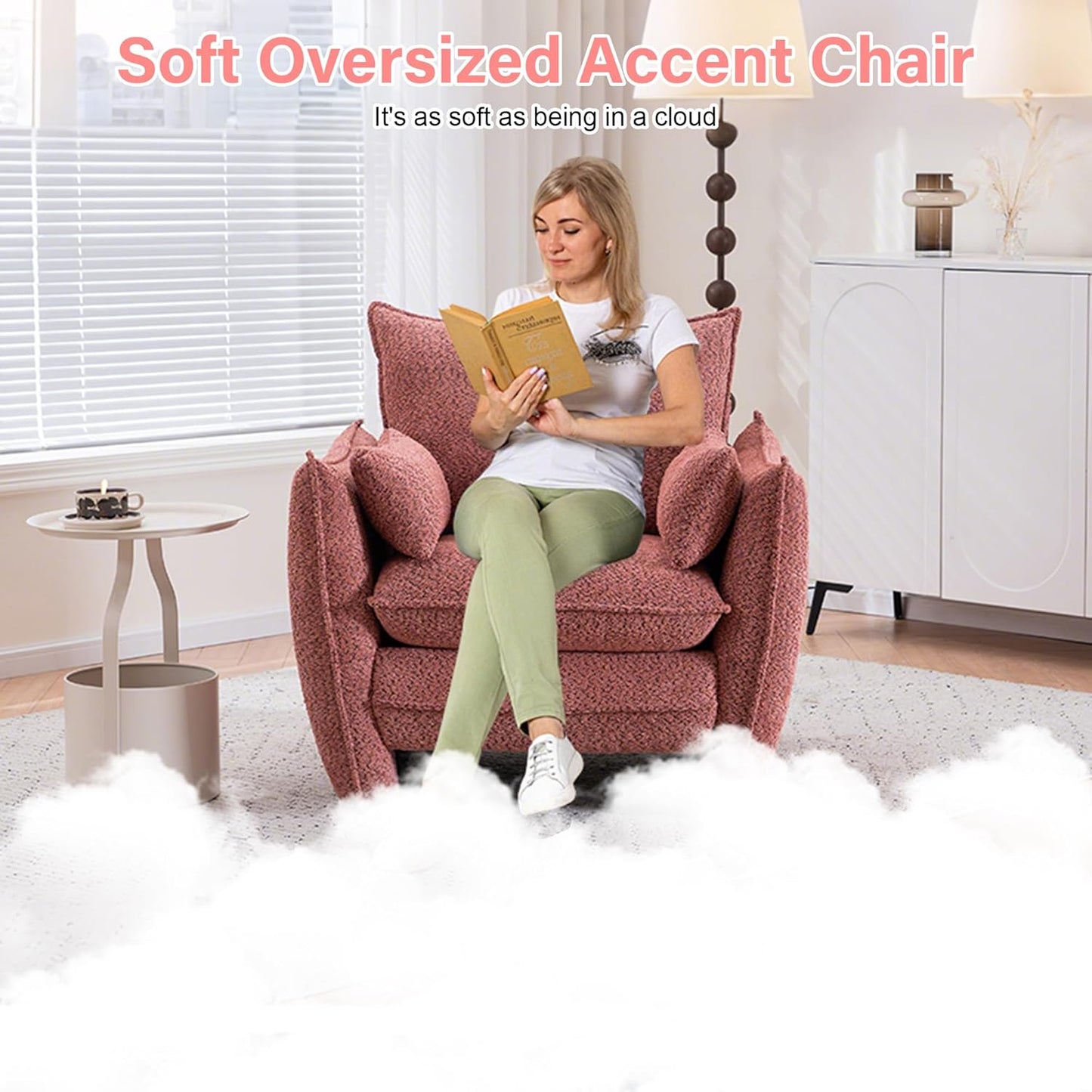 35.82" Upholstered Oversized Accent Chair Wide with Pillows, Chenille Deep Seat Reading Oversized Armchair Modern Comfy, for Living Room,Bedroom,Apartment,Office (Pink)