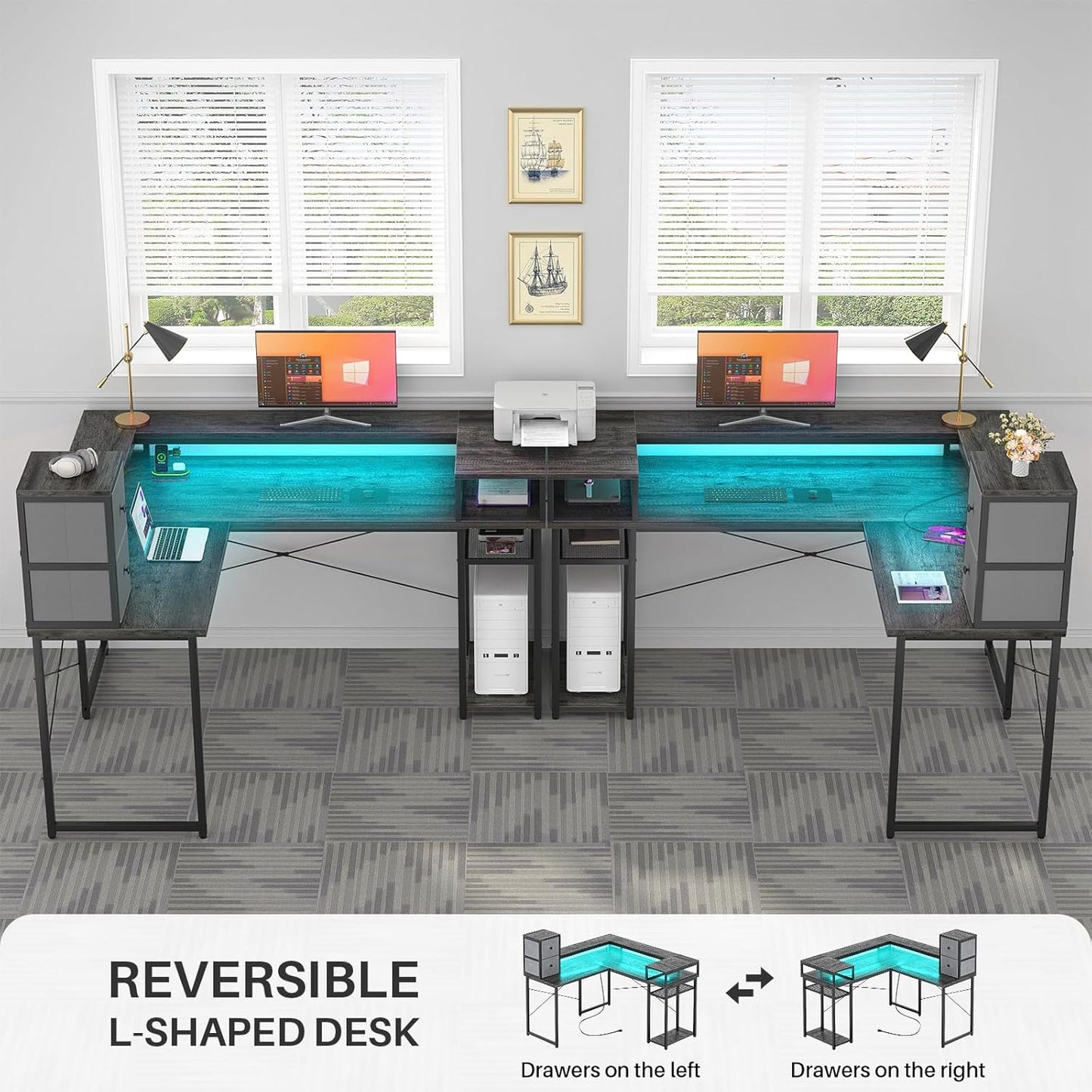 armocity L Shaped Desk with Drawers, Reversible Corner Computer Desk with LED Light & Power Outlet, 55.2'' L-Shaped Gaming Desk with Long Monitor Shelf, Home Office Desk for Small Corner Space, Grey