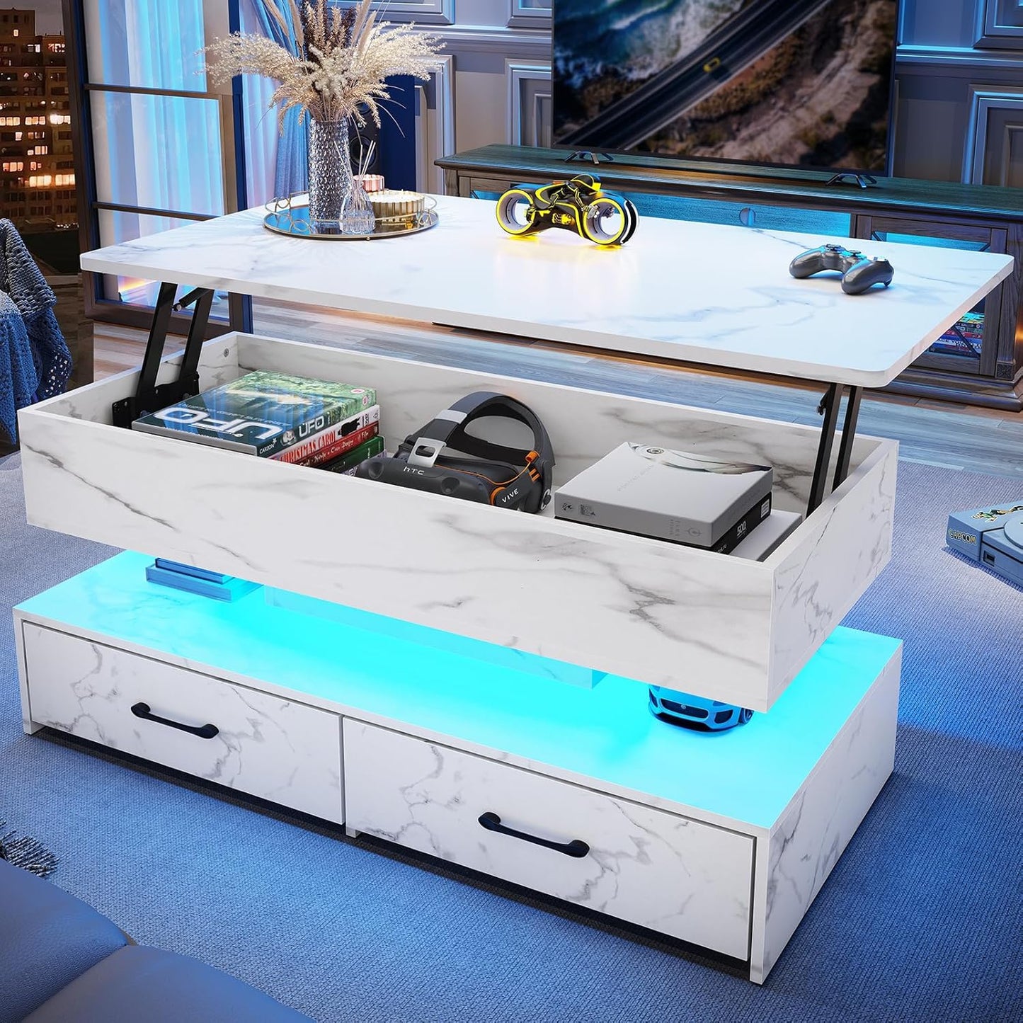 SEDETA 40" Lift Top Coffee Table, Coffee Tables with Storage for Living Room, Small Coffee Table with 2 Drawers & LED Light for Dining Reception Room, Black