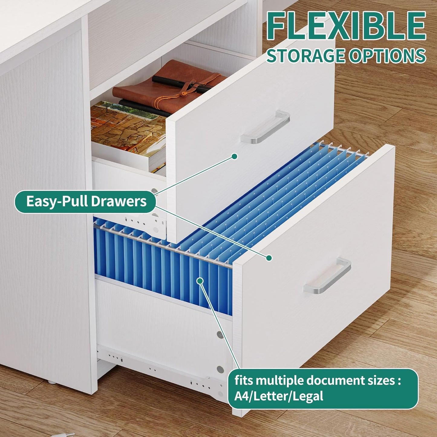YITAHOME Computer Desk with Drawers, 55" Office Desk with Power Outlets & LED Light, Home Office Desk with Storage Shelves, White