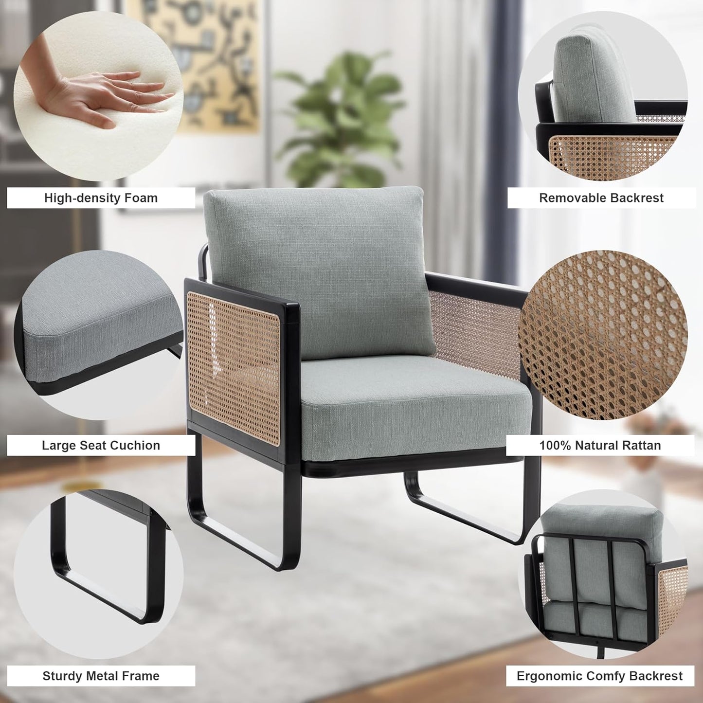 WENTMENT Rattan Accent Chairs Set of 2 Sofa Chair with Natural Rattan Armrest and Removable Backrest, Upholstered Living Room Chair Lounge Chair for Reception Room/Hosting Room/Bedroom(Grey)