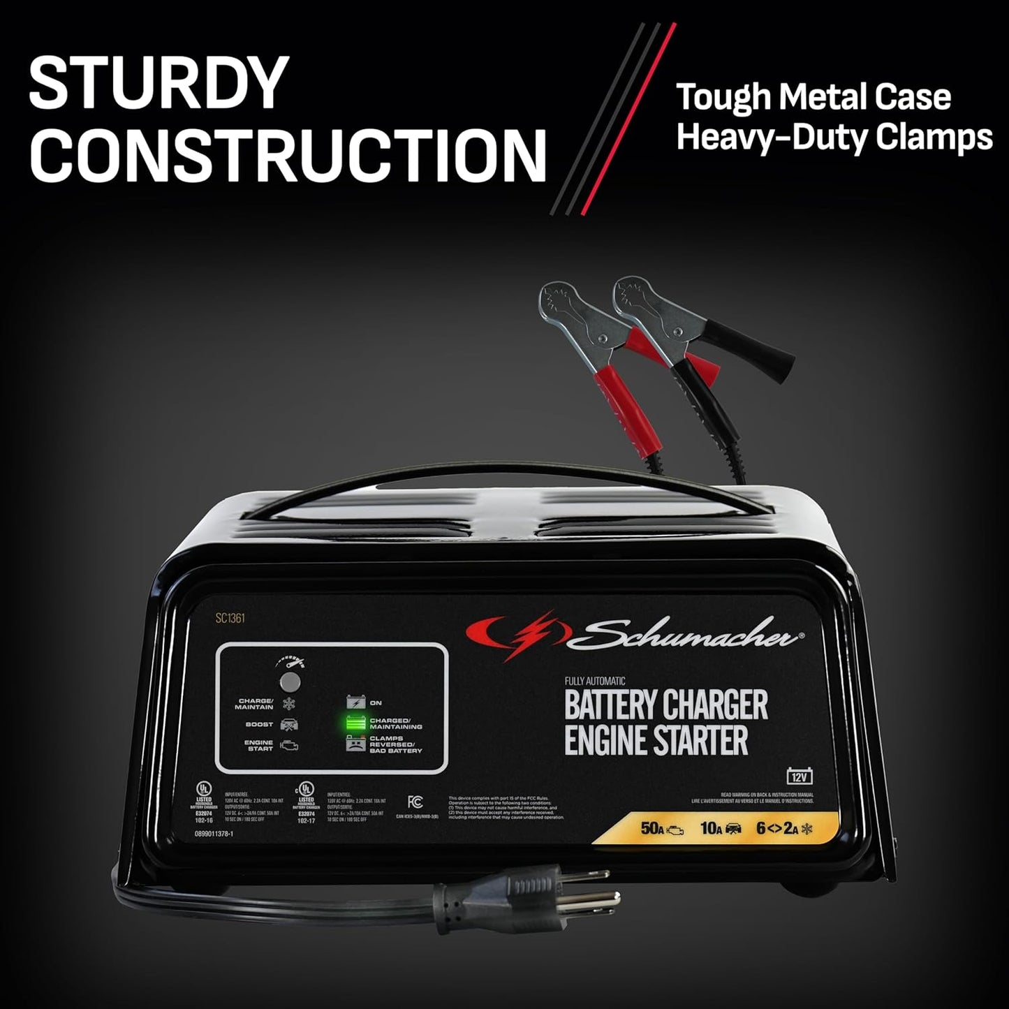 Schumacher Electric 6A Car Battery Charger and 50A Engine Starter, 4-in-1 Solution, Maintainer, 10A Boost, for 12V Power Sport, Automotive, and Marine Batteries, SC1361