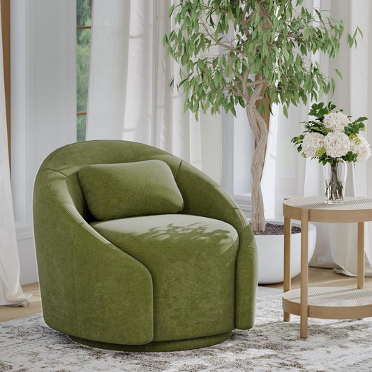 COLAMY 360°Swivel Accent Chairs, Mid-Century Modern Upholstered Chairs with Metal Base and Lumbar Pillow for Living Room, Bedroom, Home Office, 300 lbs Capacity,Green