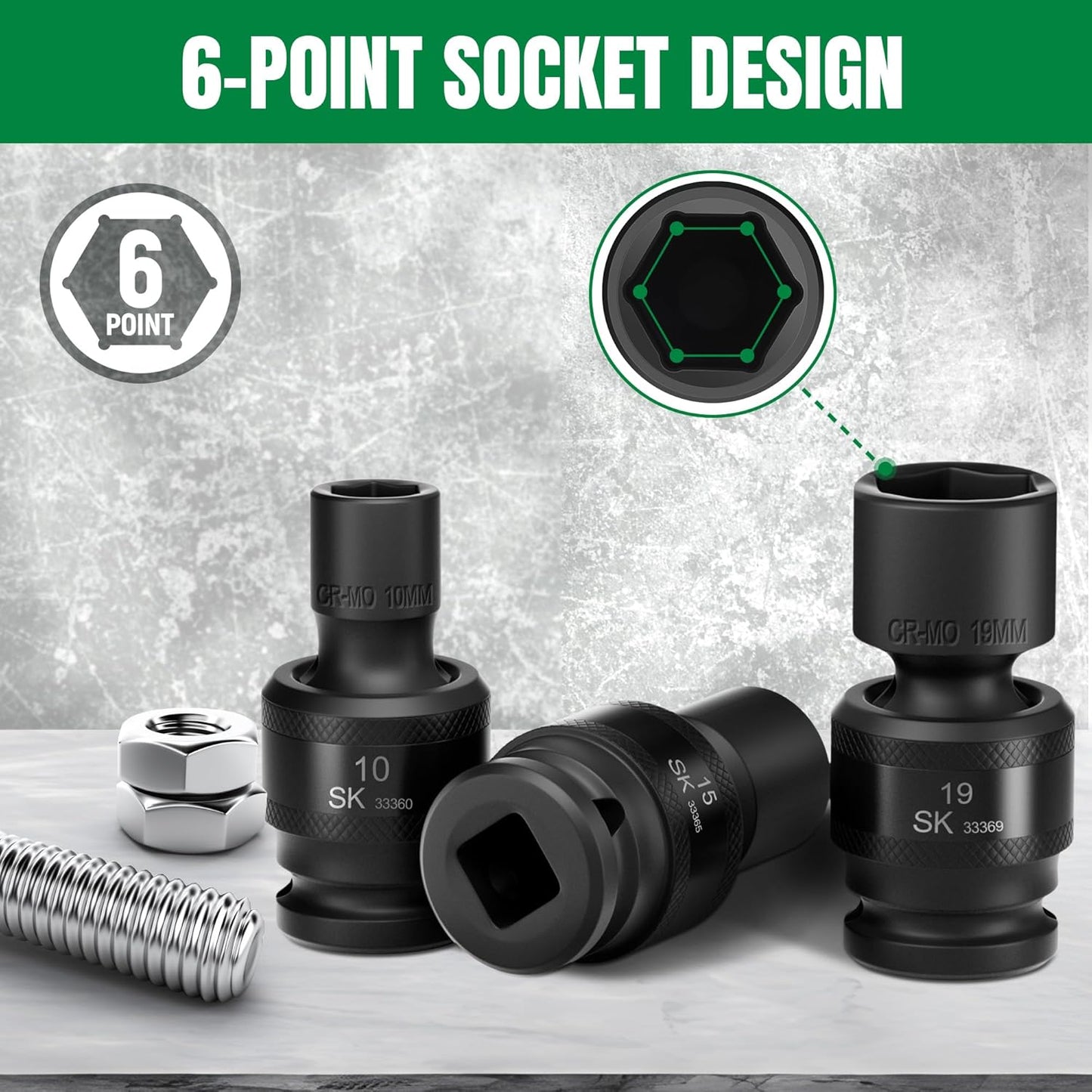 SK 3/8" Drive Universal Swivel Impact Socket Set, Metric Socket Set, 10-Piece, Premium CR-MO Steel, SureGrip 6 Point Design, with Storage Case