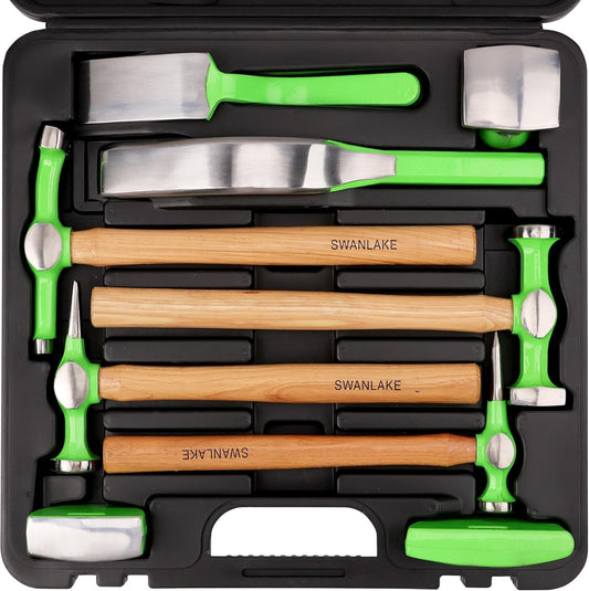SWANLAKE GARDEN TOOLS 9Pcs Auto Body Hammer and Dolly Set, Heavy Duty Car Body Dent Repair Tool Kit with Carrying Case, Wood Handles, Performance Carbon Steel Hammers and Dollies Set, Fender Tool Set