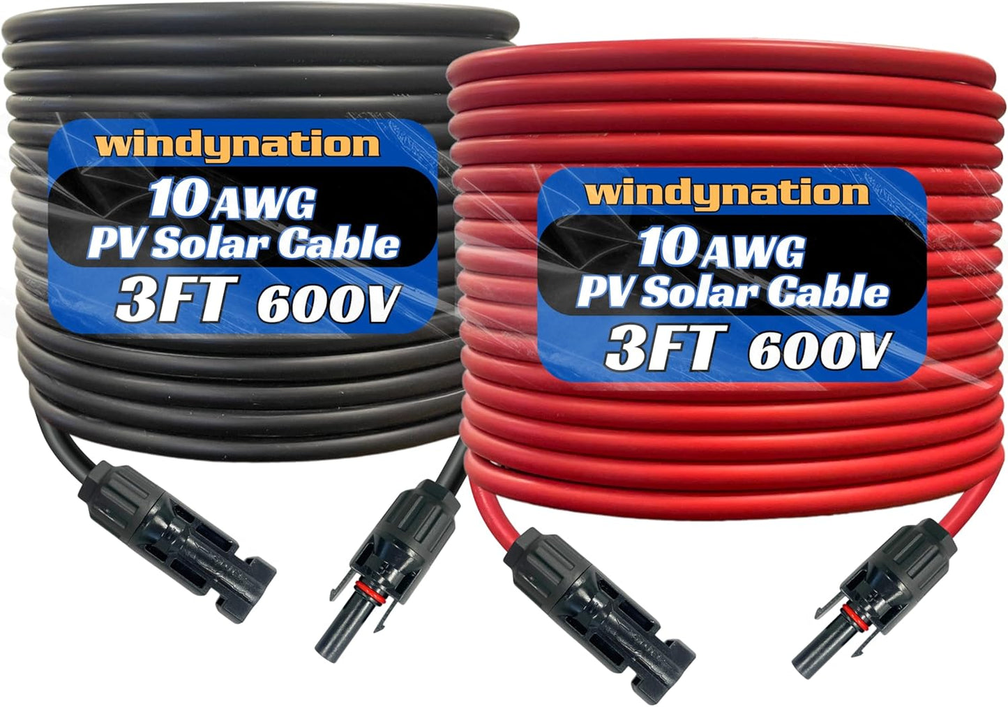 WindyNation 10 Gauge 10 AWG Pair 50 Feet Black + 50 Feet Red PV Photovoltaic Solar Panel Extension Cable Wire Solar Connectors