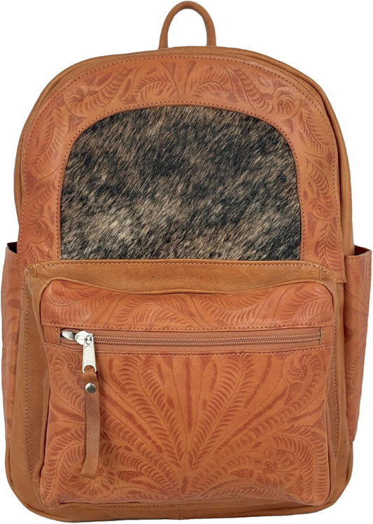 American West Classic Travel Backpack with Hair-on Hide, Genuine Hand Tooled Leather, Interior Laptop Sleeve (Natural Tan)