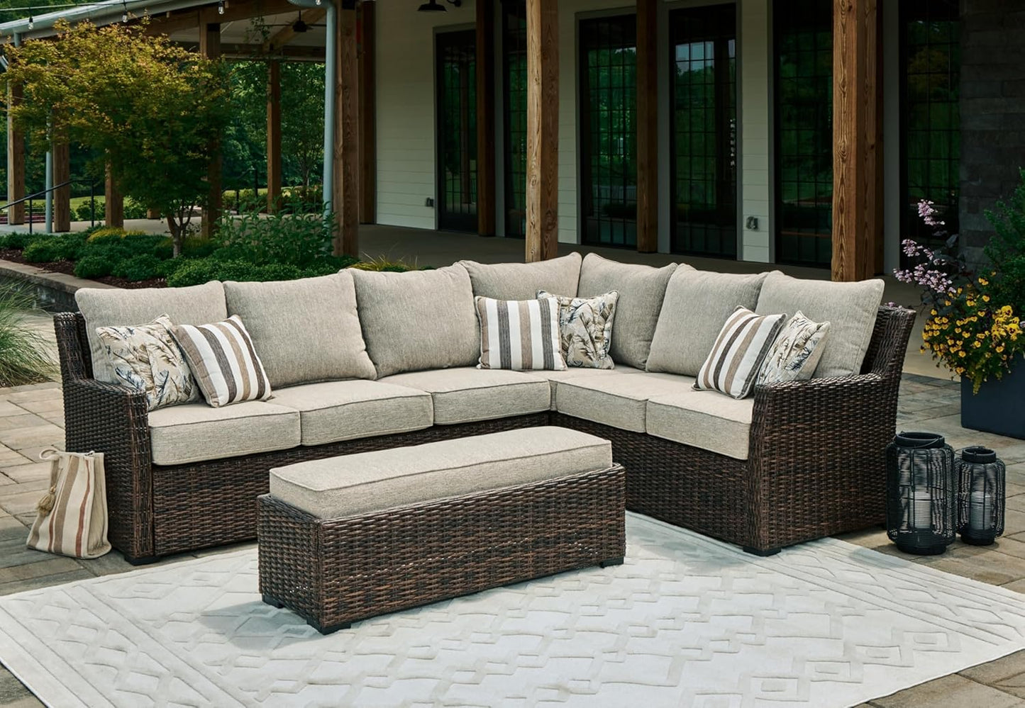 Signature Design by Ashley Brook Ranch Casual Weather Resistant Right Hand Facing Outdoor Sofa Sectional/Bench with Cushion and 6 Throw Pillows, Set of 3, Beige & Dark Brown