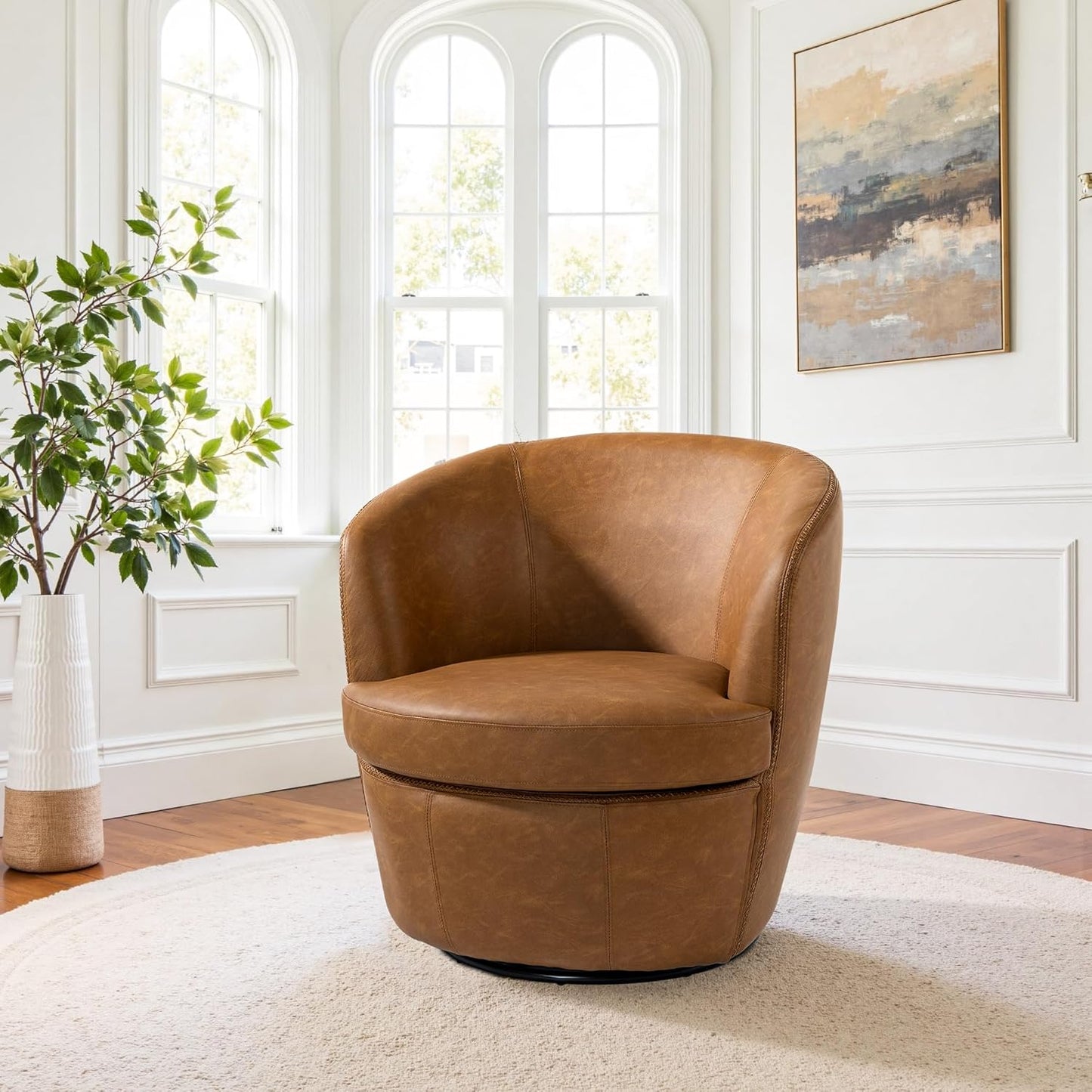 UIXE PU Leather Swivel Barrel Accent Chair, Modern Round Swivel Chair Comfy Upholstered Armchair for Living Room, Vintage Arm Chair Single Sofa Bedroom Reading Seats - Chocolate