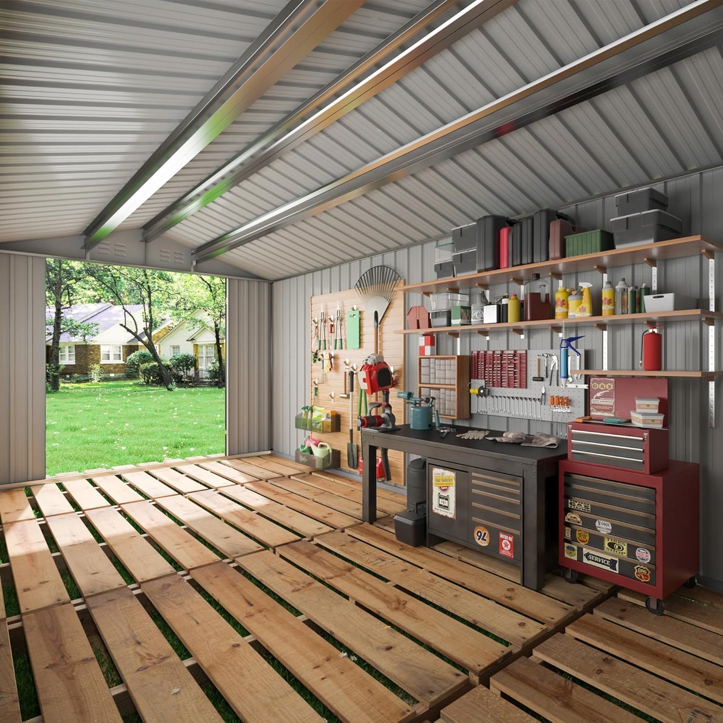 8x8 FT Outdoor Storage Shed, Utility Metal Tool Storage with Lockable Doors and Updated Frame Structure, Large Metal Garden Shed for Backyard, Patio Lawn, Black
