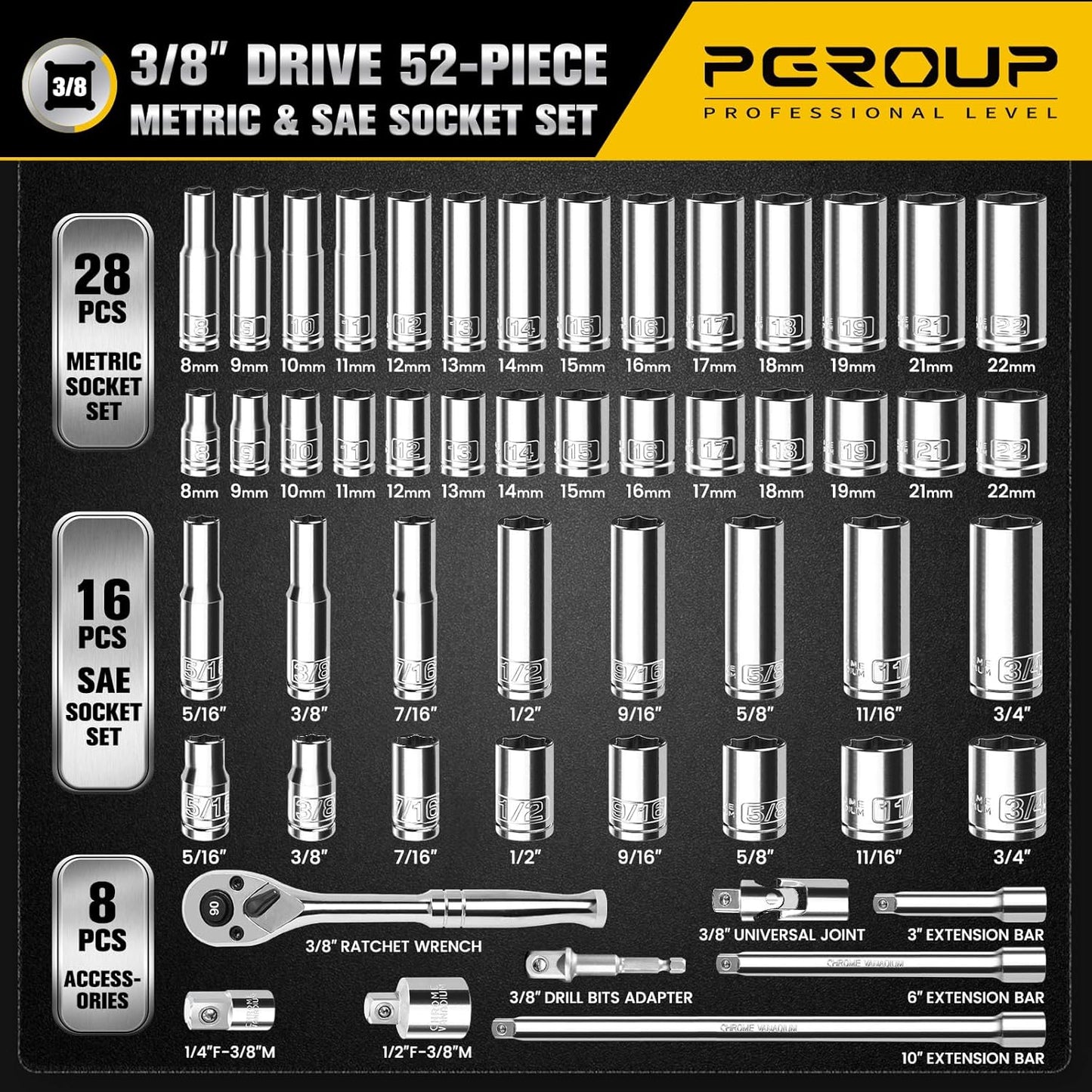 3/8" Drive Socket Set, 52-Piece SAE (3/16-9/16 in) and Metric (4-14 mm) Deep & Shallow Socket Kit, 90-Tooth Ratchet Wrench, 6-Point, Chrome Vanadium Steel Mechanic Tool Set