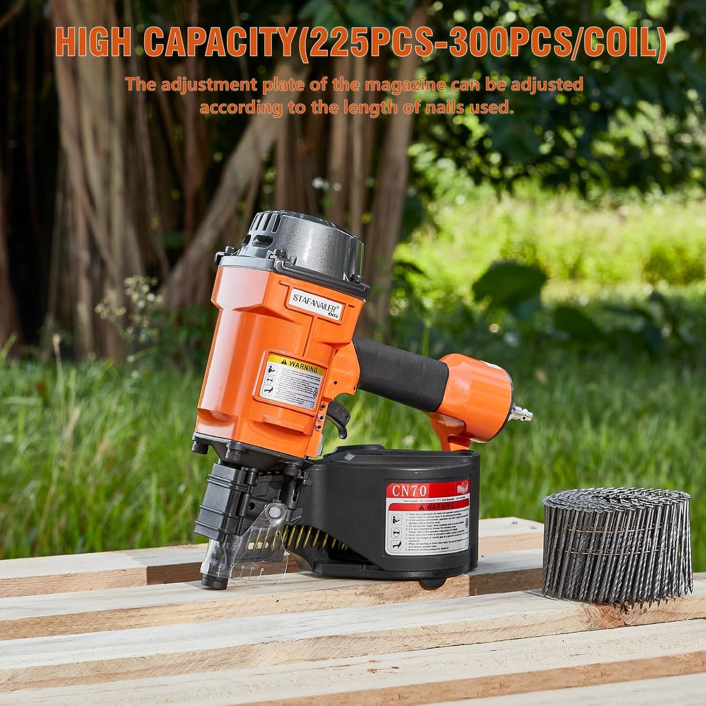 CN70 Pneumatic Siding Nail Gun for 1-3/4-Inch to 2-3/4-Inch 15-Degree Nails, Coil Siding Nailer with Rapid Shooting Rapid Shooting Engine for Pallets, Siding, Crating, Fencing, Decking