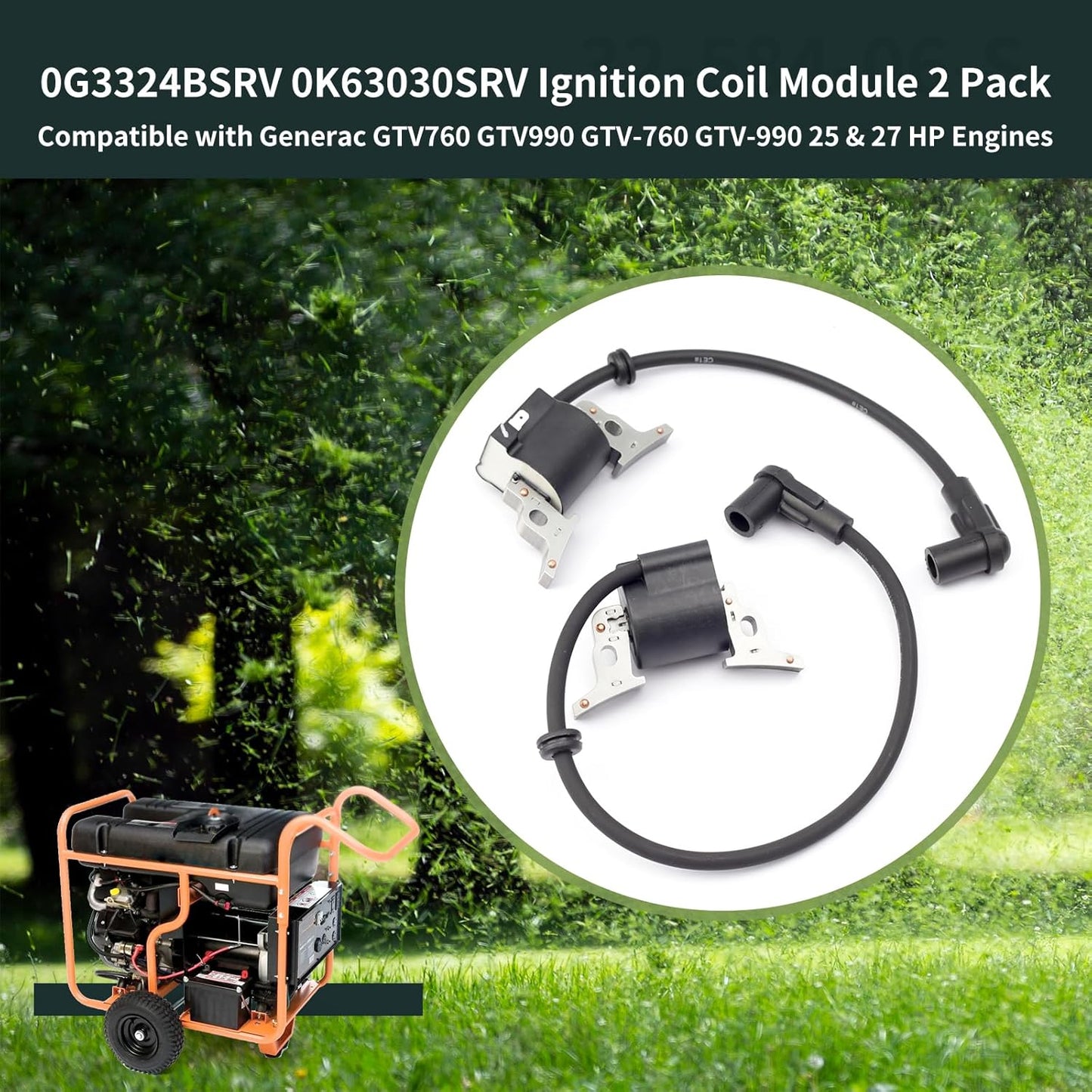 0G3324BSRV 0K63030SRV Ignition Coil Module 2 Pack Compatible with Generac GTV760 GTV990 GTV-760 GTV-990 25 & 27 HP Engines Replaces 0G3224TA 0D4686 Ignition Coil