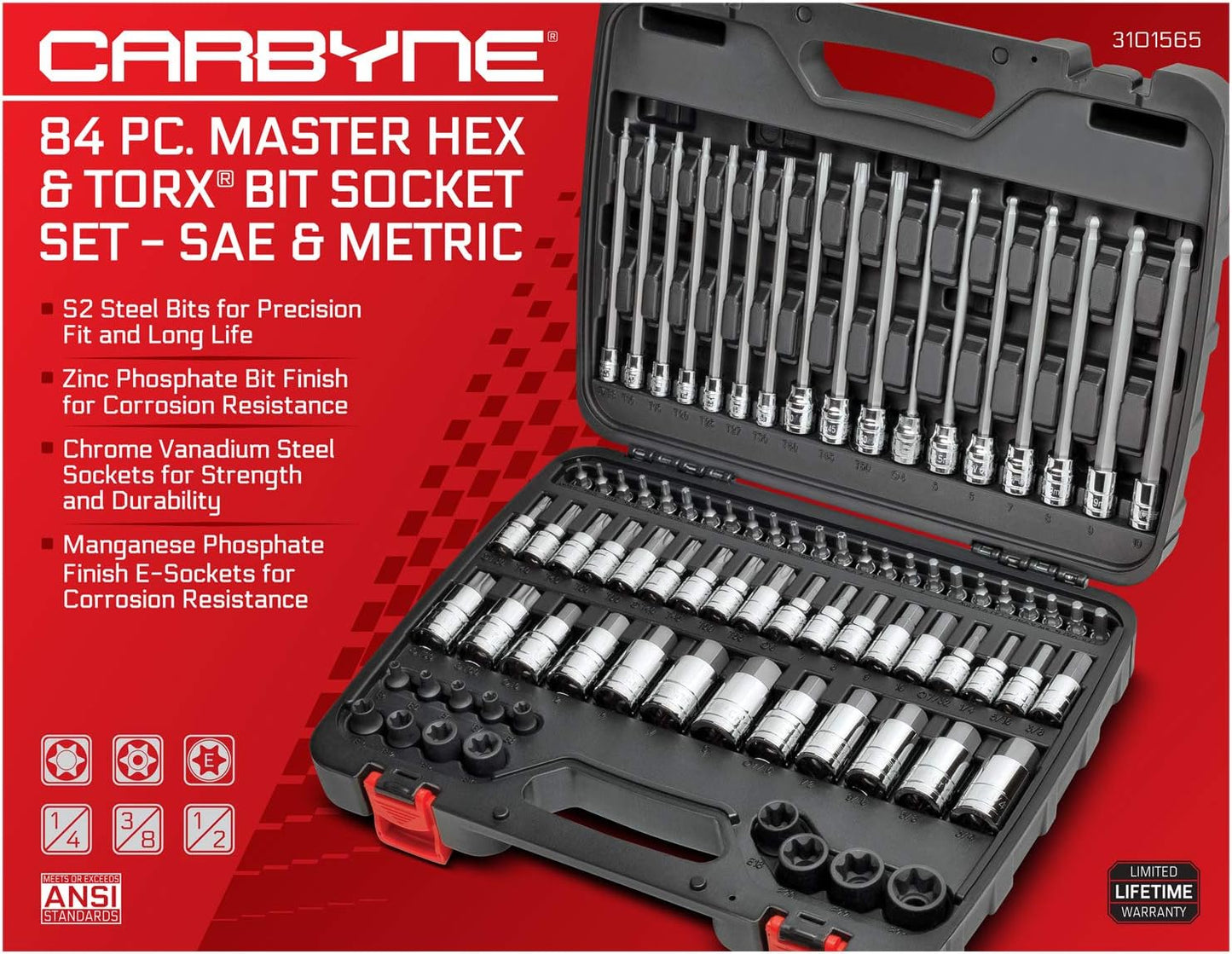 CARBYNE 84-Piece Master Hex & Torx Bit Socket Set | S2 Steel Bits, CrV Steel Sockets, Corrosion-Resistant, Durable Case | 1/4", 3/8" & 1/2" Drive