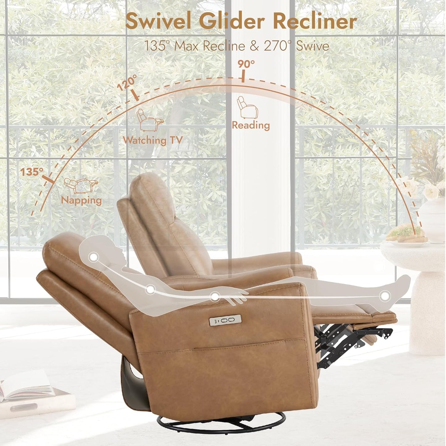 Watson & Whitely Power Swivel Rocker Recliner, Reclining Chair with Memory Foam for Living Room, Faux Leather RC011 (Camel)