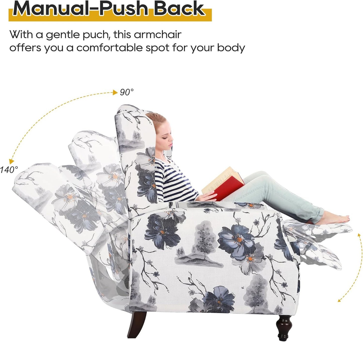 Set of 2 Wingback Recliner Chairs, Mid-Century Modern Push-Back Manual Recliners for Adults, Upholstered Floral Accent Chairs with Solid Wood Legs for Living Room & Bedroom, Blue