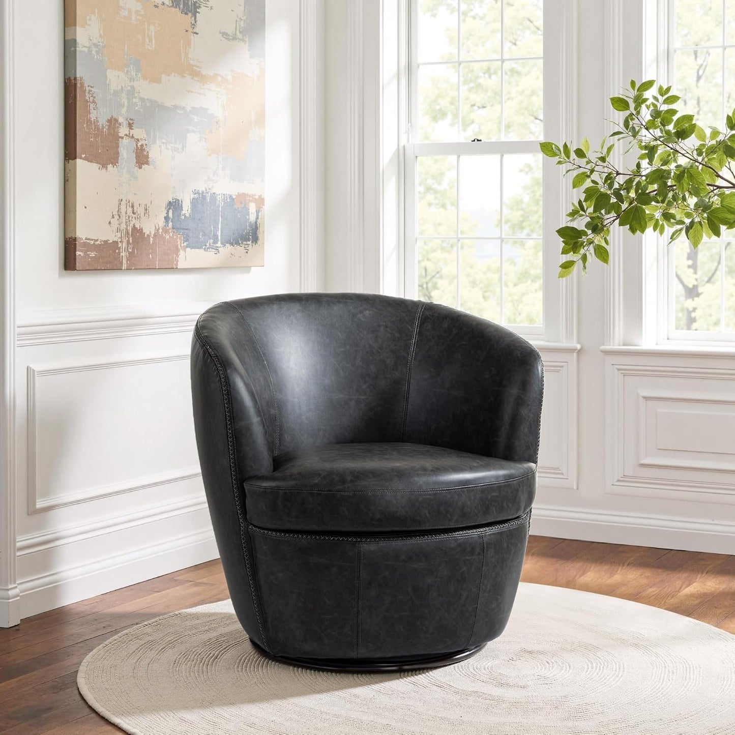 UIXE PU Leather Swivel Barrel Accent Chair, Modern Round Swivel Chair Comfy Upholstered Armchair for Living Room, Vintage Arm Chair Single Sofa Bedroom Reading Seats - Chocolate