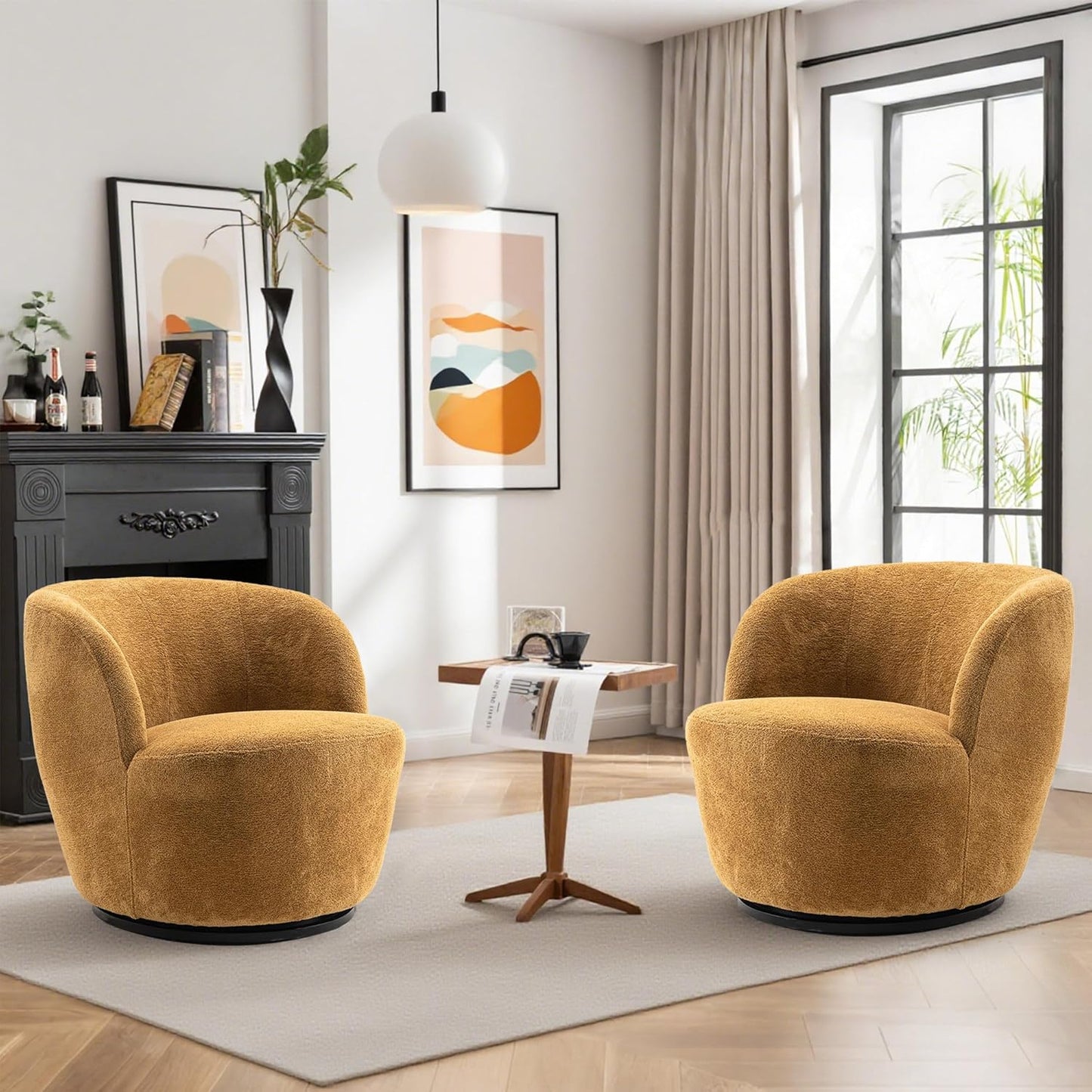 Rowill 30" Wide Swivel Barrel Accent Chair, Modern Upholstered Round Chairs with Curved Back and Soft Cushion, Boucle Fabric Padded Armchair Single Sofa for Living Room, Bedroom, Reading Room, Beige