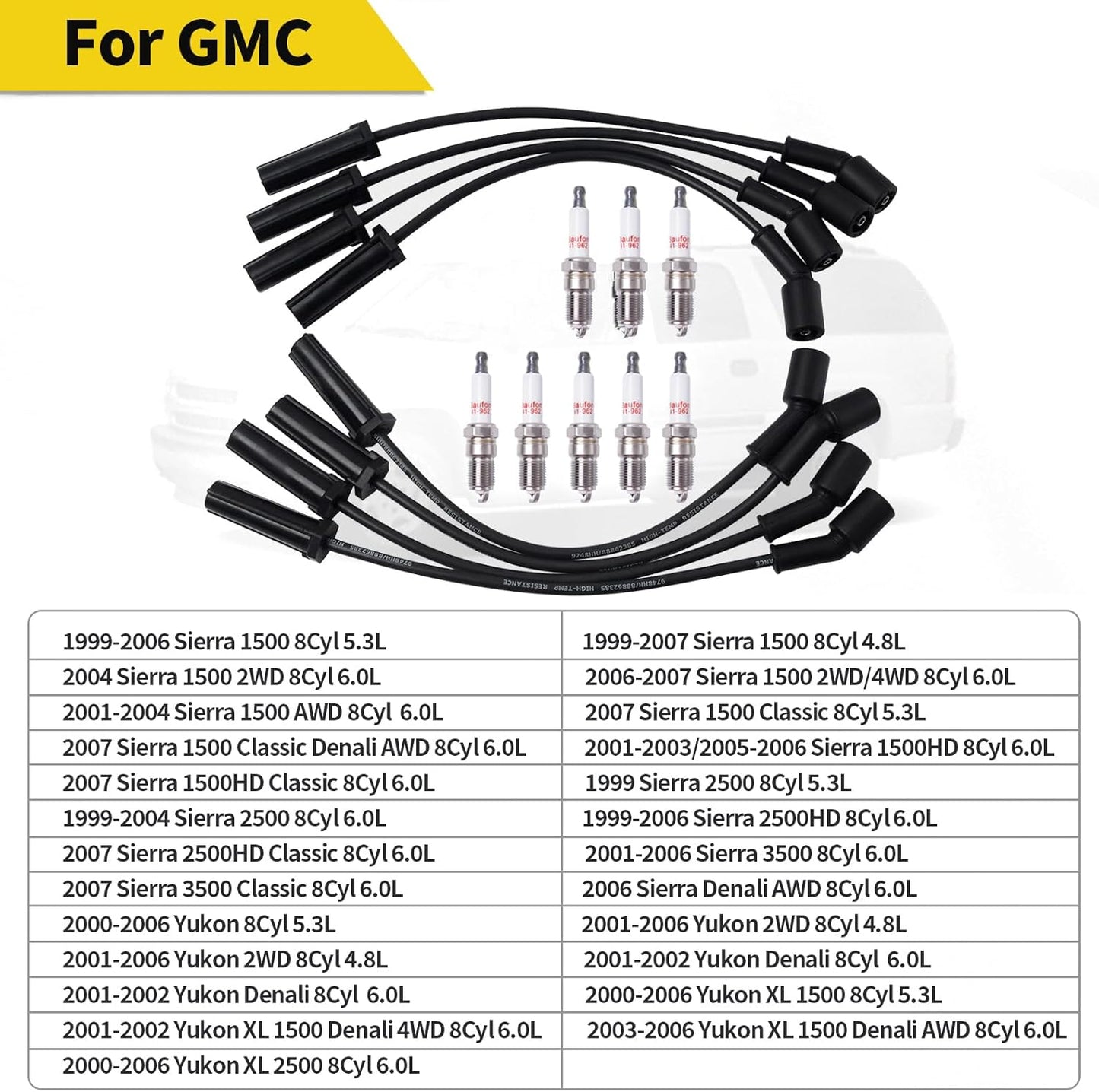 Upgraded 41-962 Spark Plugs Wires Set for 1999-2012 Chevy Silverado Tahoe Suburban, Yukon Sierra, Escalade Spark Plugs and Wires Tune up Kit; Motor 4.8 5.3 6.0 - Pack of 16