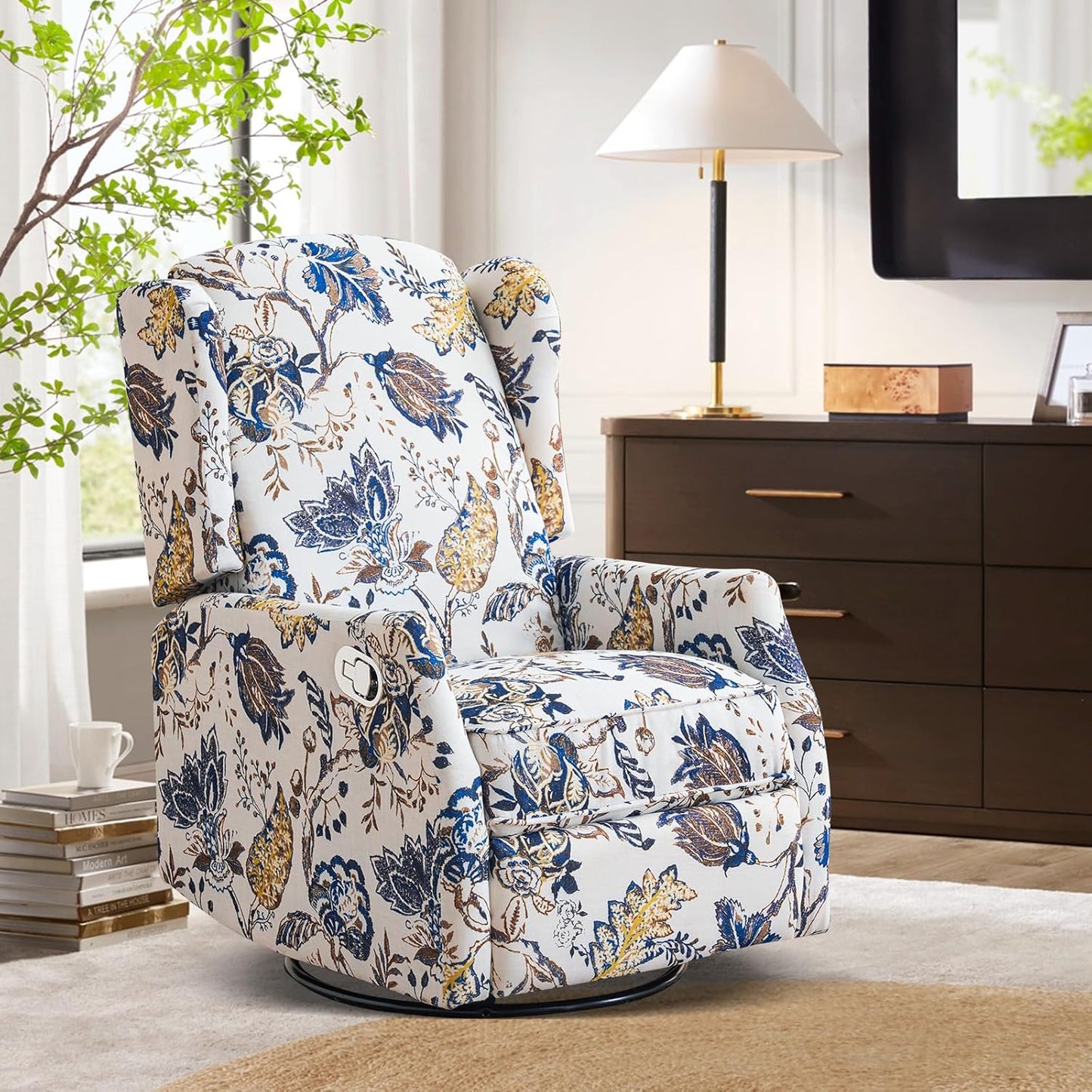 Swivel Rocker Recliner for Adults, Wingback Rocking Swivel Recliner Chair with Padded Seat, 360° Swivel Rocker Glider Recliners with Adjustable Backrest & Footrest for Living Room