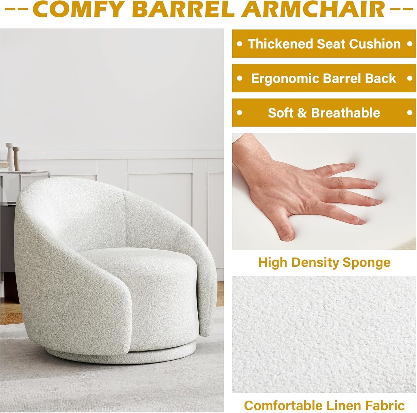 UIXE Swivel Accent Chair, Boucle Barrel Chair Upholstered Arm Chair for Living Room, Modern Round Club Chair with Turntable Base - White, Set of 1