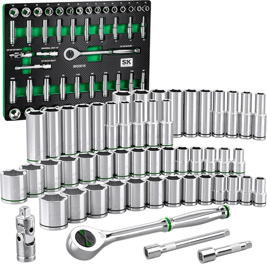 SK 1/2" Drive Socket Set with 160-P Ratchet, 52-Piece, SAE & Metric, SuperKrome Finish, Premium CR-V Construction, with EVA Foam Tool Organizer