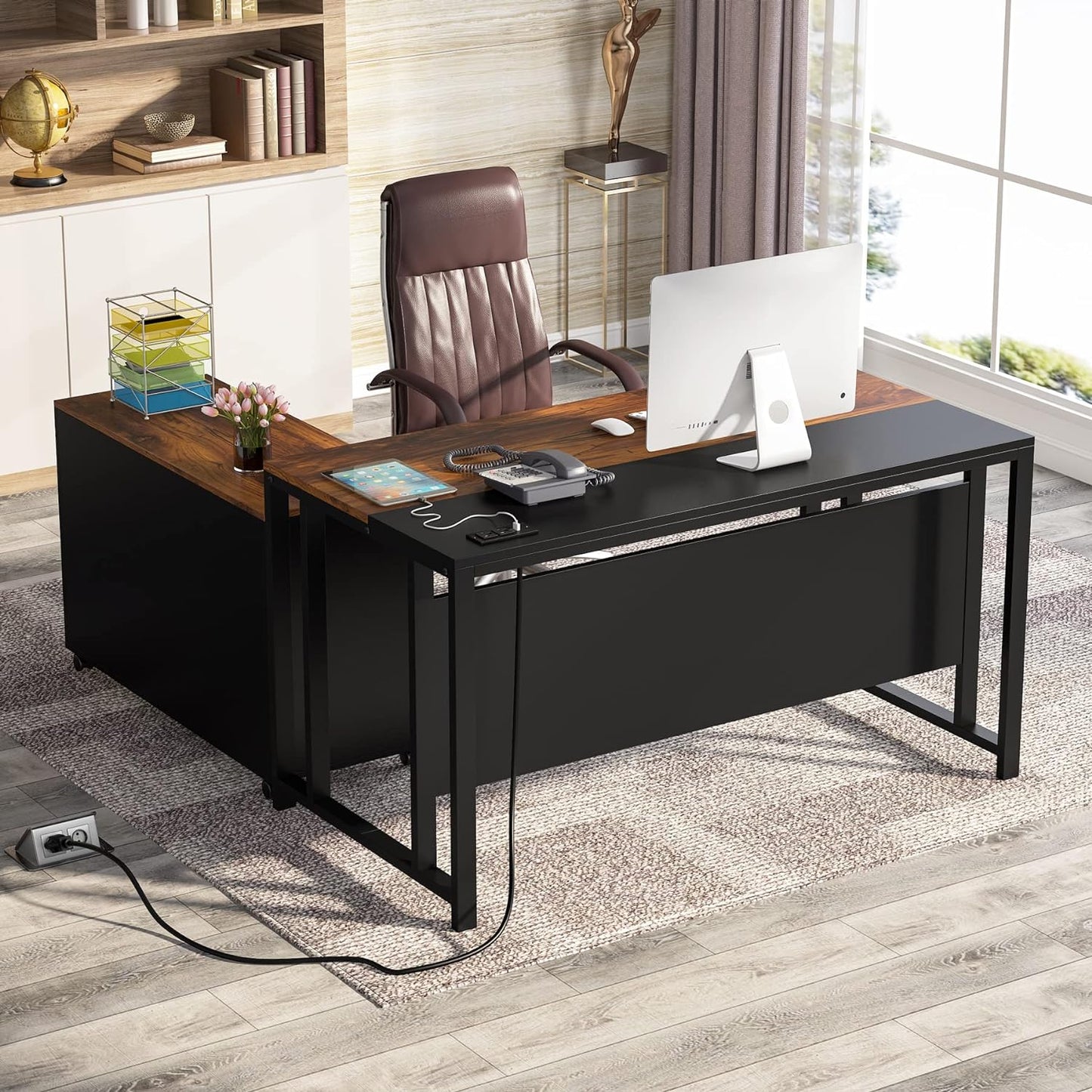 Tribesigns L-Shaped Computer Desk with Power Outlet and Drawer Cabinet, 55 inch Large Executive Office Desk Business Furniture with 40 inch Lateral File Cabinet Printer Stand for Home Office,Brown