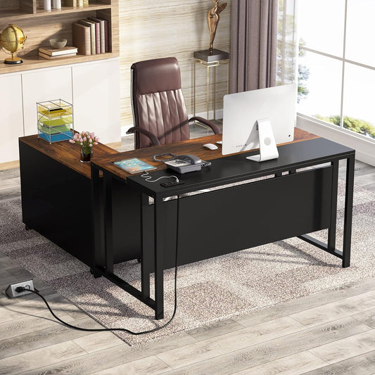 Tribesigns L-Shaped Computer Desk with Power Outlet and Drawer Cabinet, 55 inch Large Executive Office Desk Business Furniture with 40 inch Lateral File Cabinet Printer Stand for Home Office,Brown