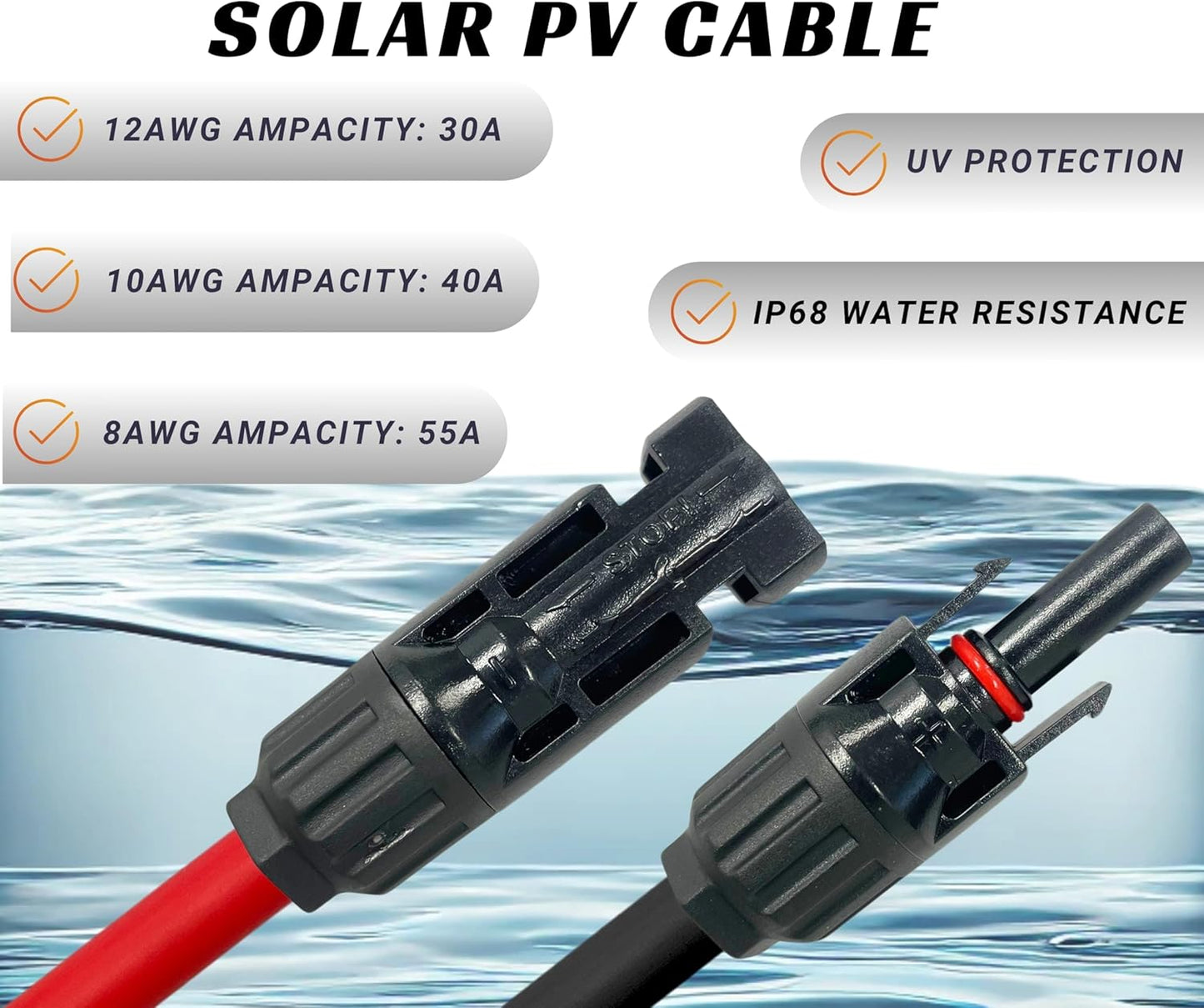 WindyNation 10 Gauge 10 AWG Pair 50 Feet Black + 50 Feet Red PV Photovoltaic Solar Panel Extension Cable Wire Solar Connectors