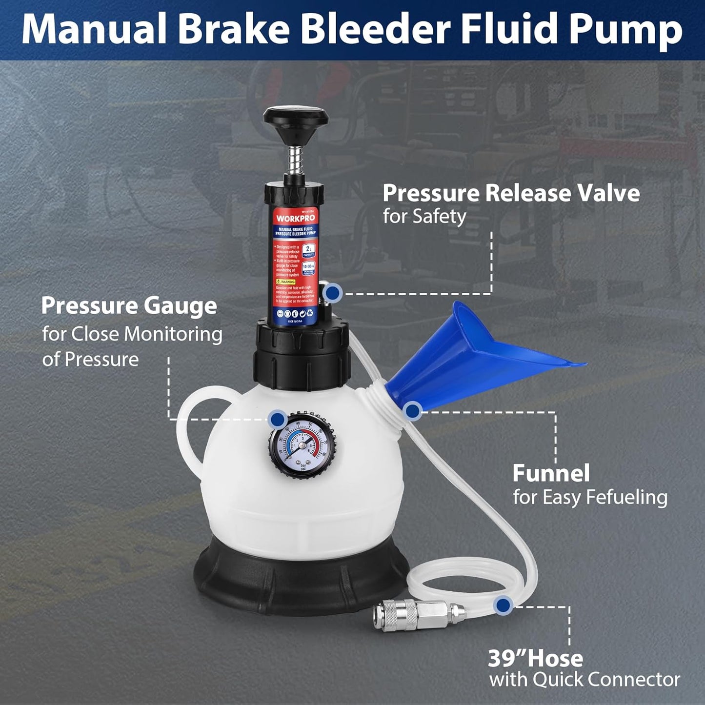 WORKPRO 2L Manual Brake Bleeder Kit, One Person Brake Fluid Vacuum Pump with 1L Brake Bleeder Bottle, 3 Master Cylinder Adapters & Funnel, Professional Brake Bleeding Tool for Most Vehicles