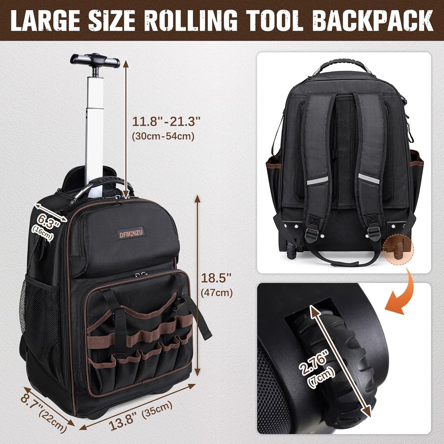 Rolling Tool Backpack Heavy Duty, 43 Pockets Tool Backpack with Wheels, Rolling Tool Bags for Men with Retractable Handle, 1680D Tool Bag with Wheels for Electrician Construction Worker Mechanic HVAC