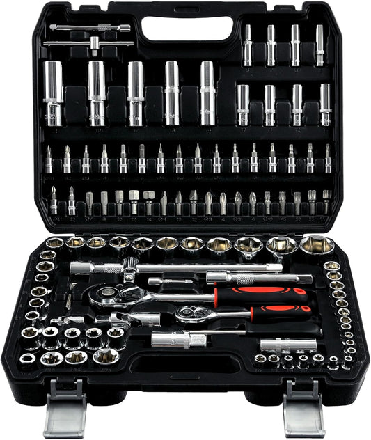 108 Piece Mechanics Tool Set Metric And Standard 1/4" & 1/2" Socket Set, Ratchet Set, Universal Joint, Extension Bars, Quick Release Reversible Ratchet Wrench, Plastic Toolbox Storage