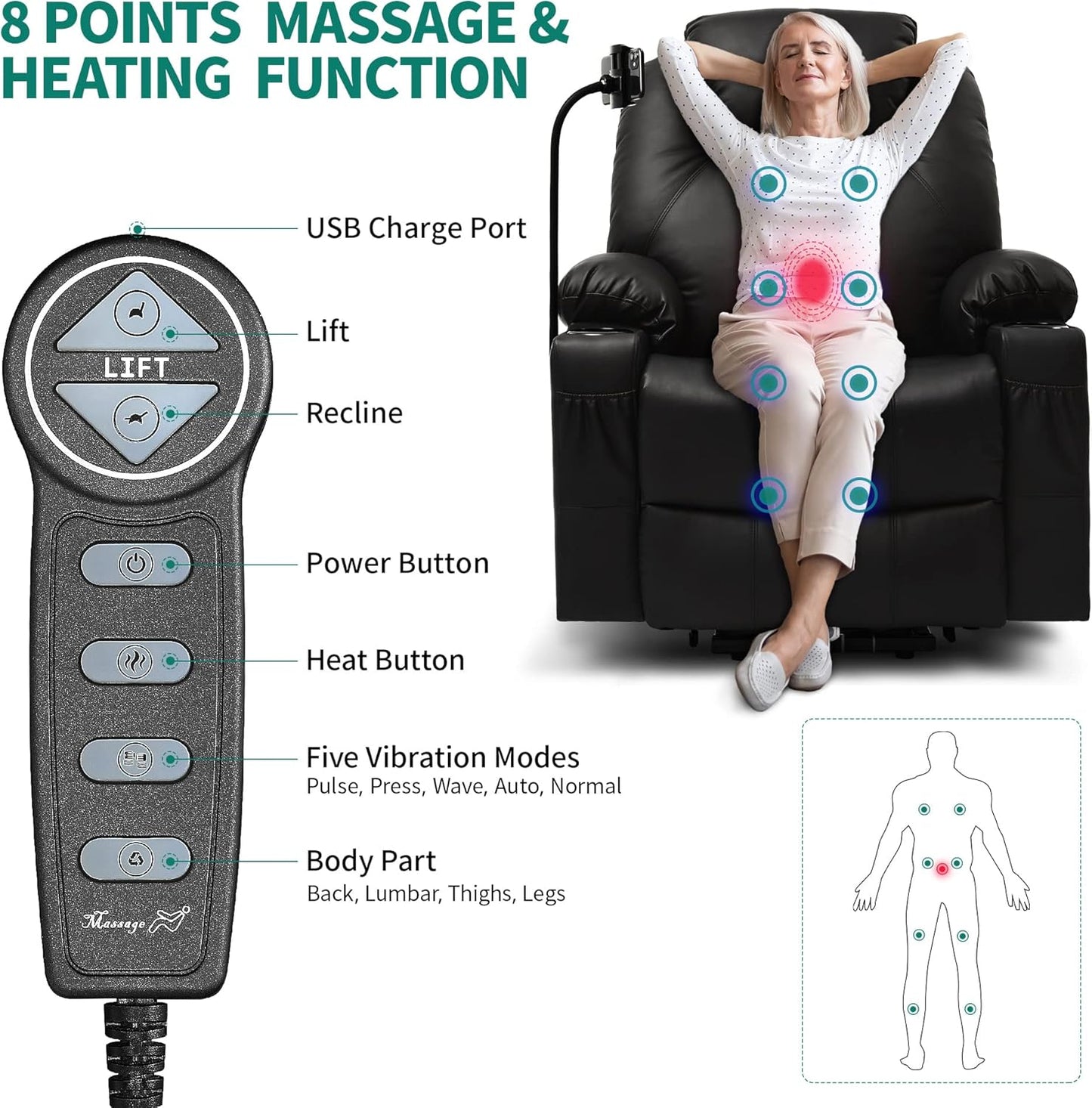 YITAHOME Electric Power Lift Recliner Chair: Recliner Chair with Phone Stand, Massage Function, Ideal for Living Room, Home Theater, Equipped with Cup Holders, LED Lights, Heated Function Black